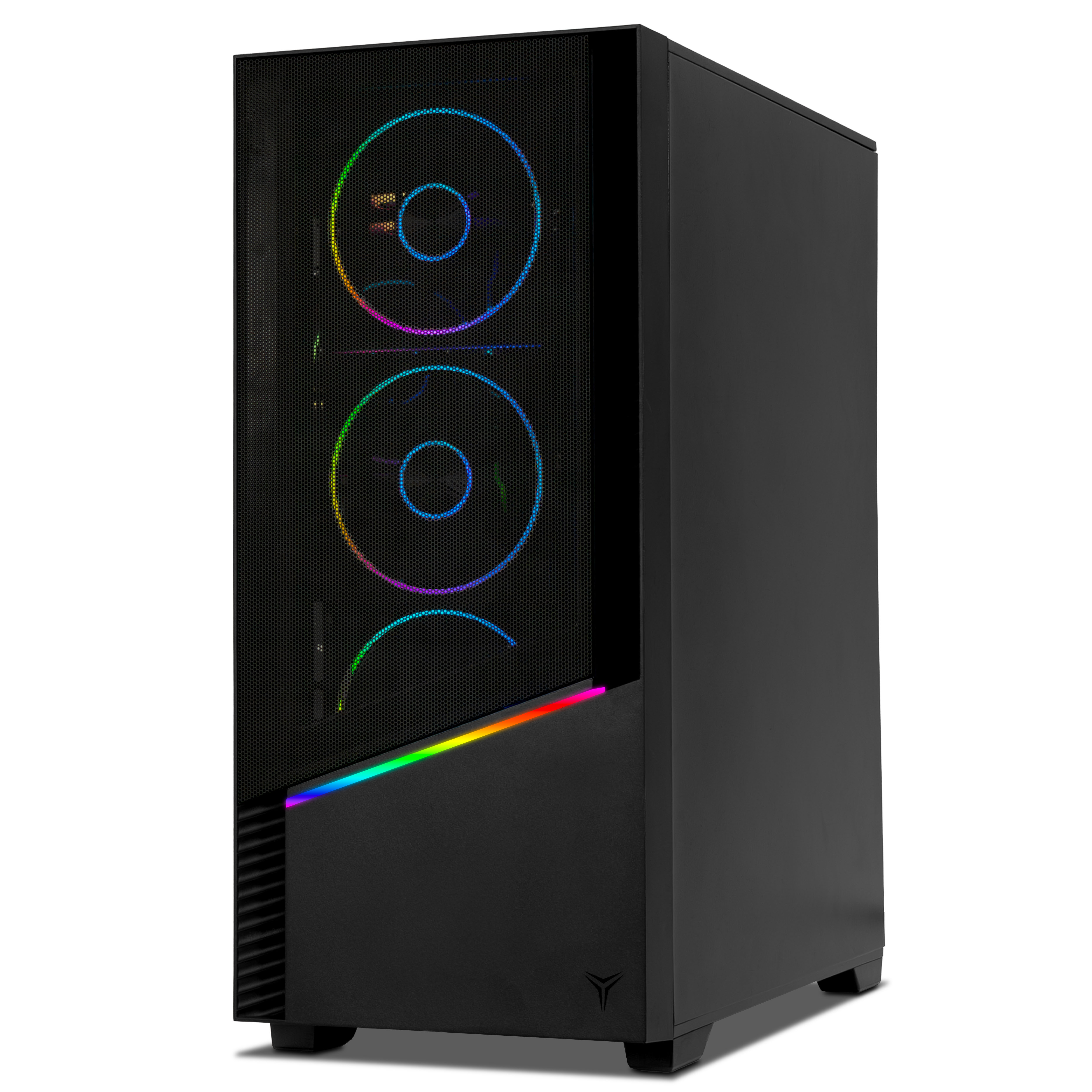 Torre de PC negra con panel frontal de malla, ventiladores RGB brillantes y tira de luz en ángulo sobre fondo blanco.