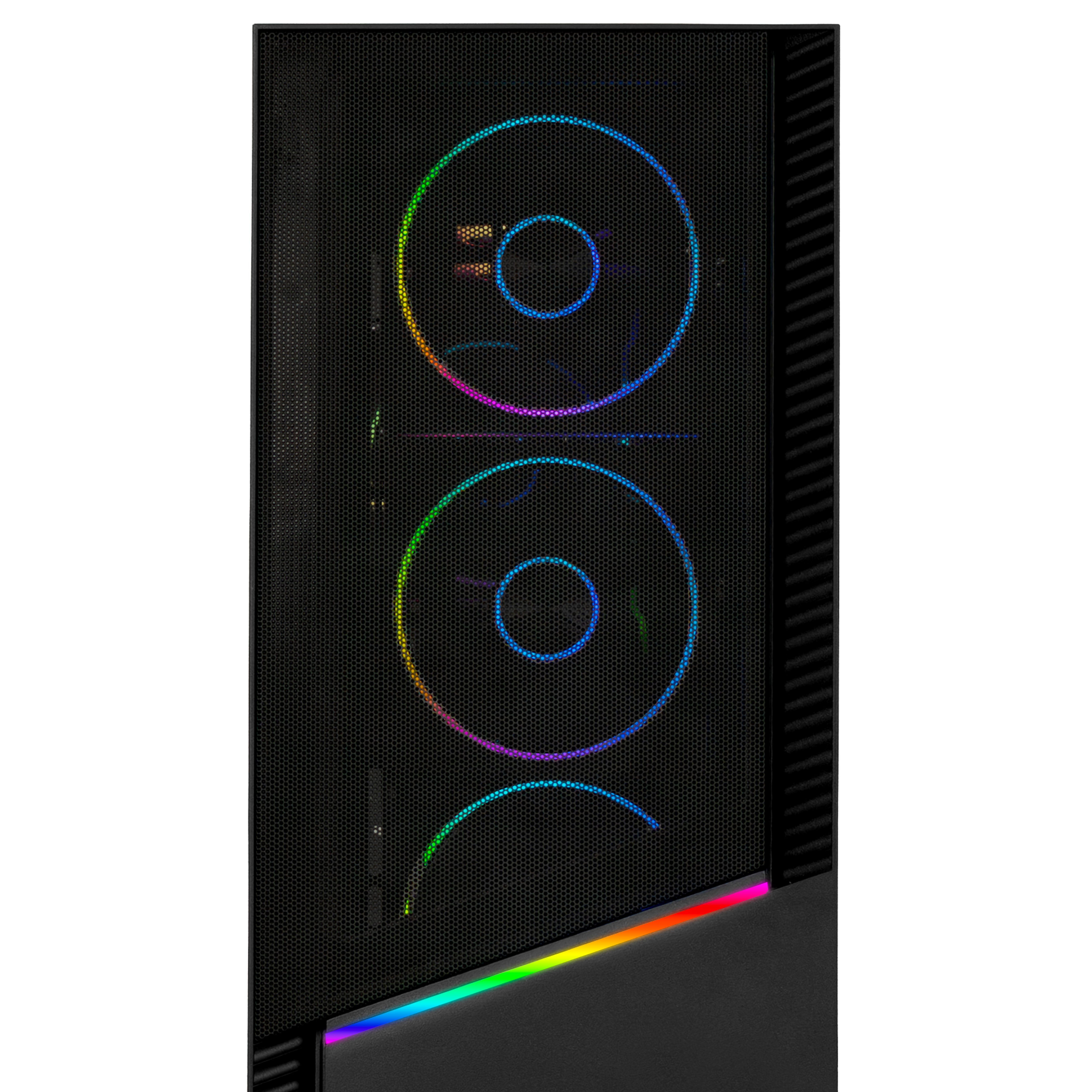 Frente de caja de PC negra con malla, ventiladores RGB coloridos y una tira de luz en ángulo abajo.