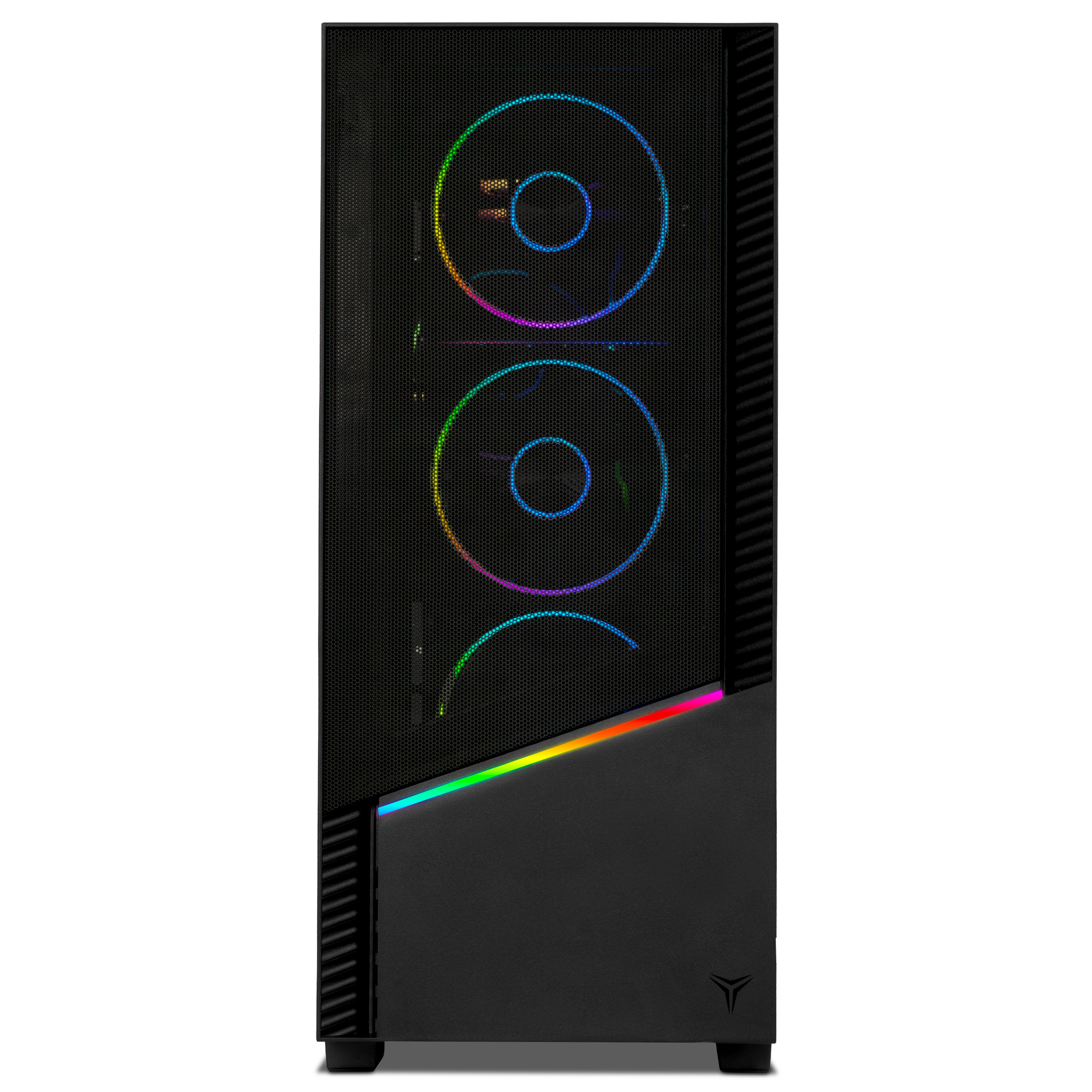 Caja de PC negra con frente de malla, tres ventiladores RGB y una tira LED diagonal en la parte inferior.