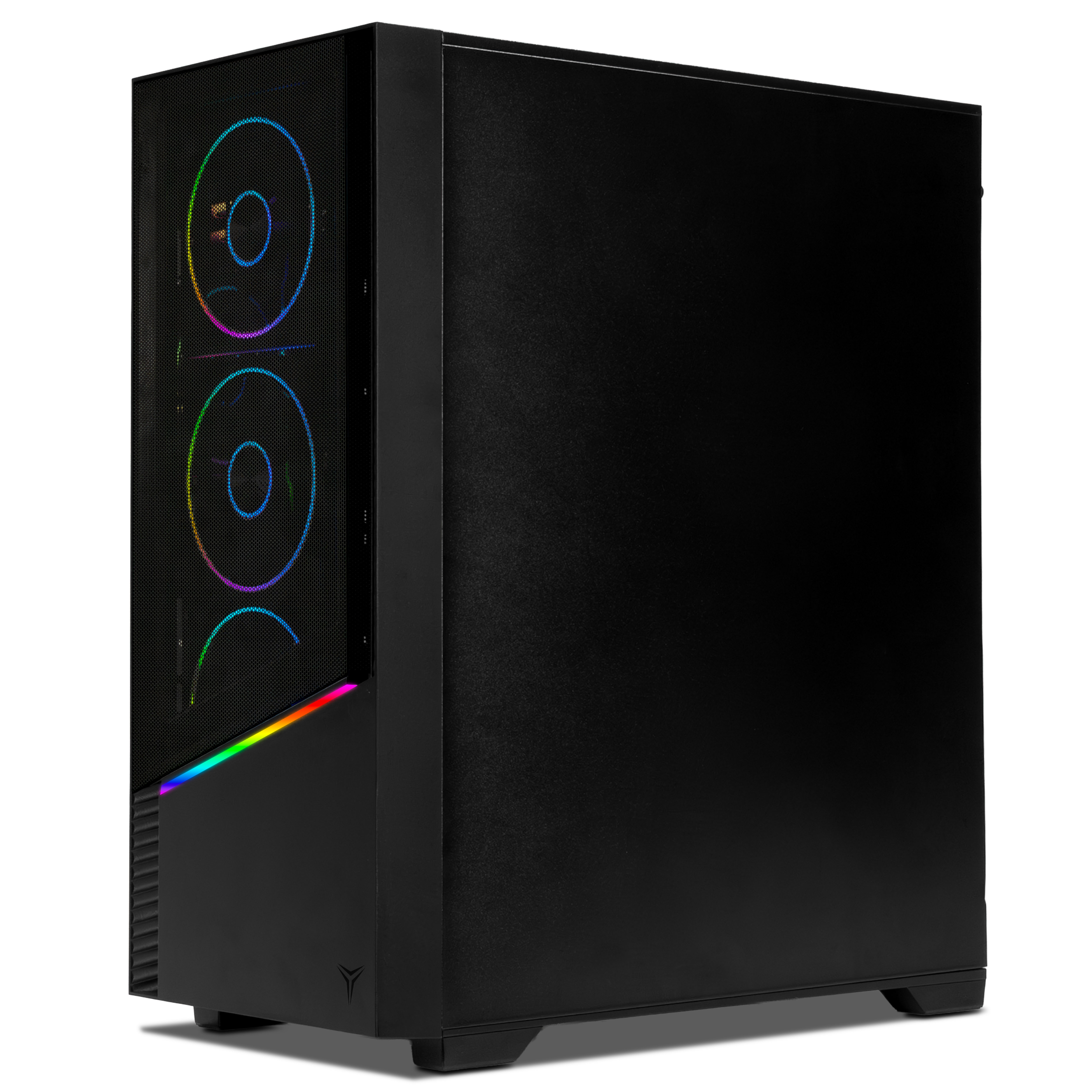 Una torre de computadora negra con ventiladores RGB en el frente y una luz de acento sobre fondo blanco.