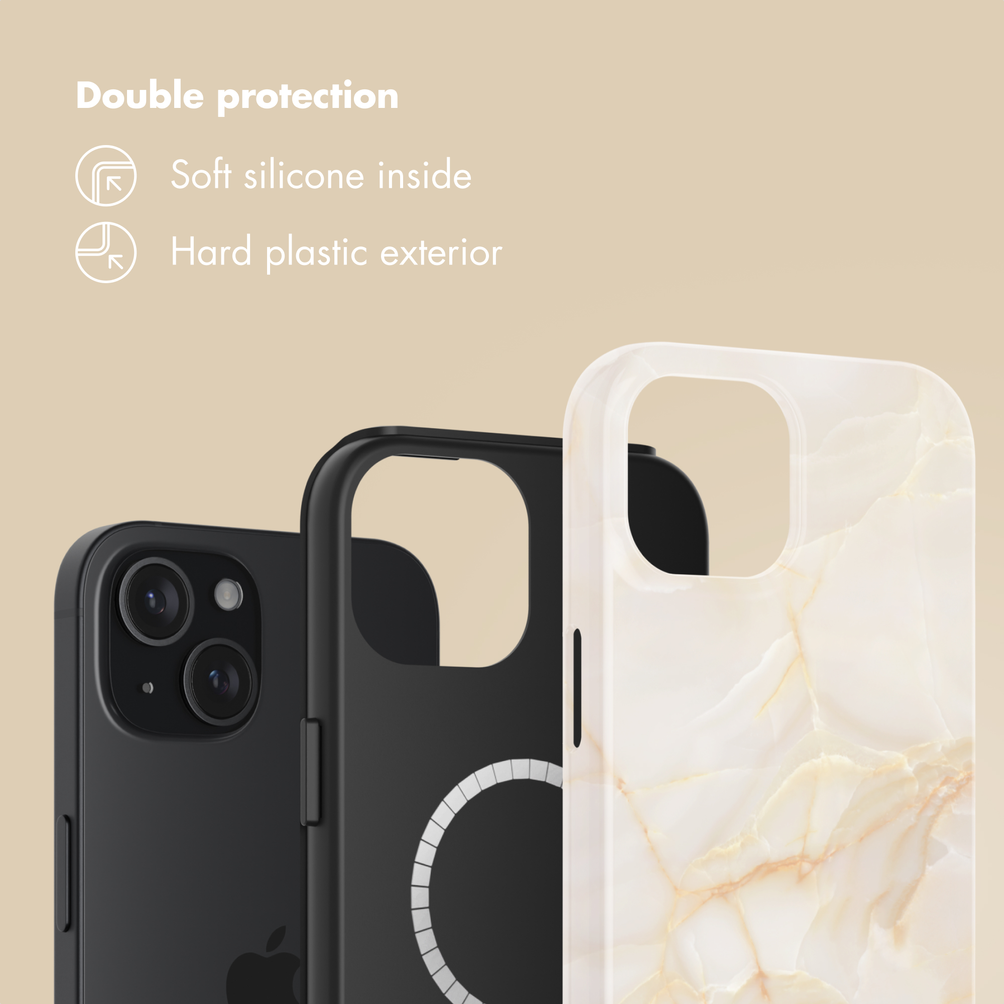 Doble protección con silicona suave por dentro y plástico duro por fuera, mostrado con fundas.
