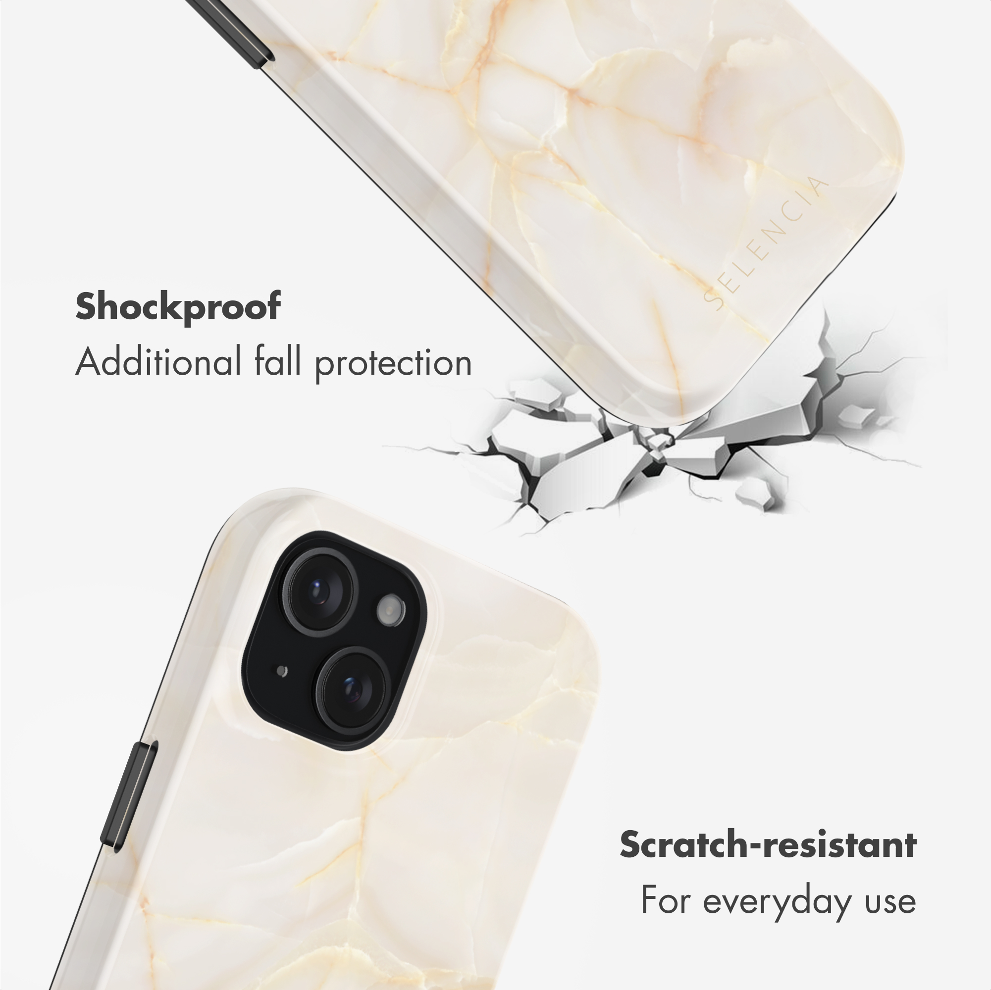 Funda de teléfono de mármol blanco con texto antichoque y antirayaduras.