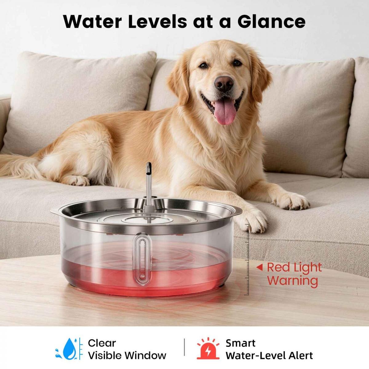 Golden Retriever liegt auf dem Sofa hinter einem runden Tierbrunnen mit rotem Wasser und Lichtwarnung.