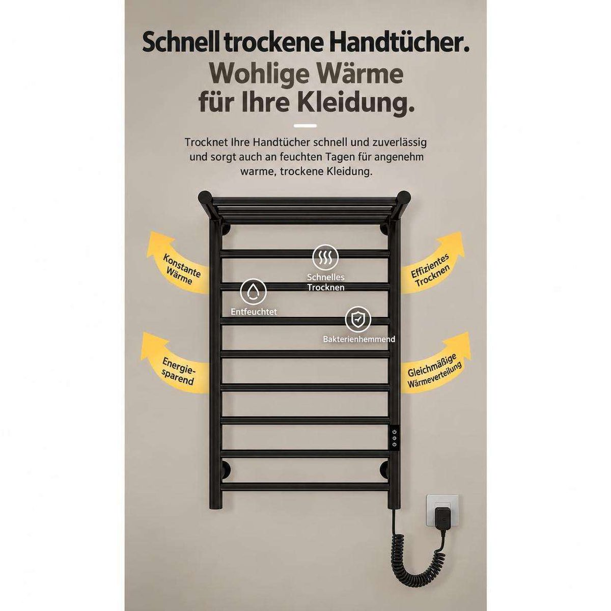 Schwarzer elektrischer Handtuchwärmer an beigefarbener Wand mit deutschen Texten und gelben Funktionspfeilen.