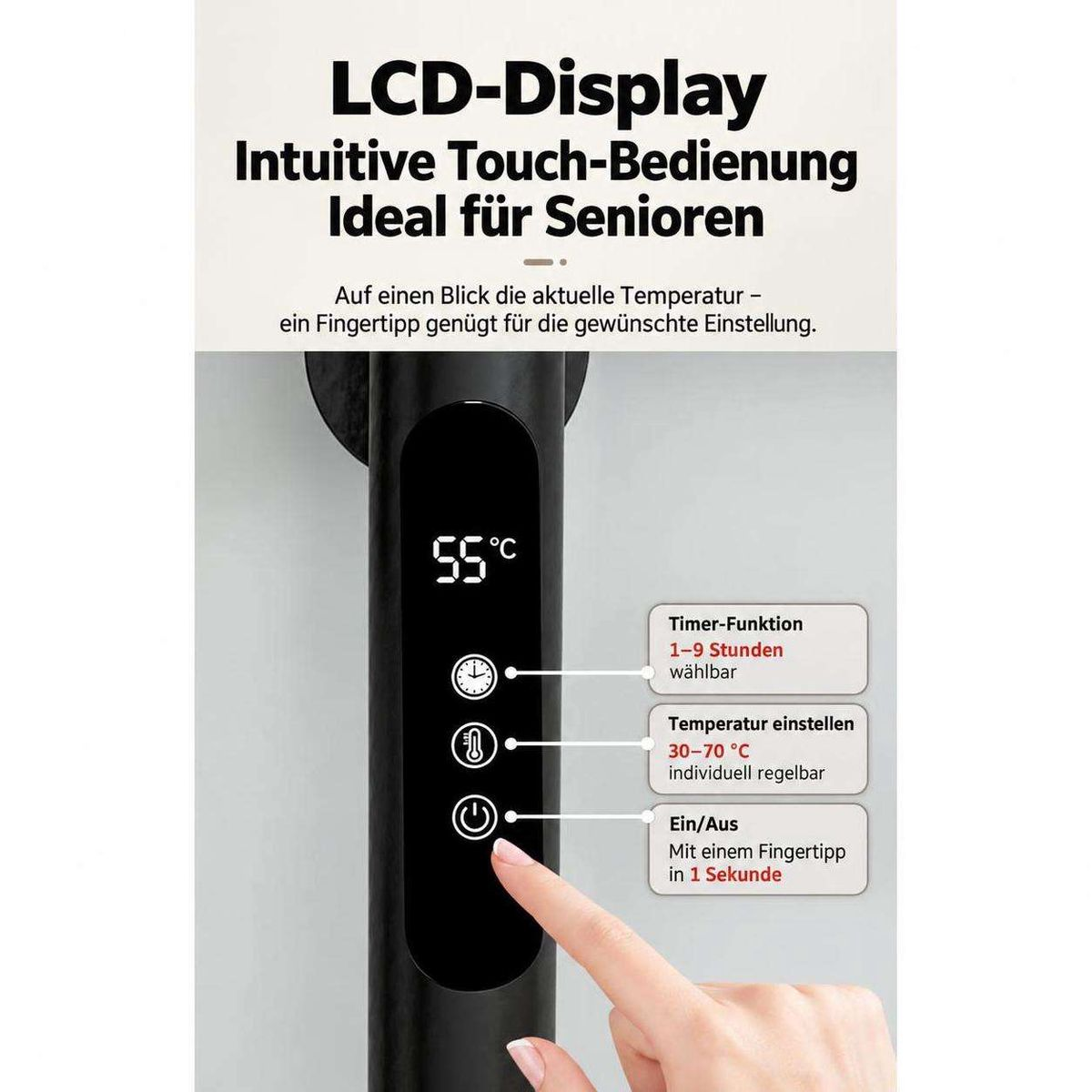 Ein Finger drückt die Touch-Bedienung mit LCD-Display eines modernen Thermostatgriffs.
