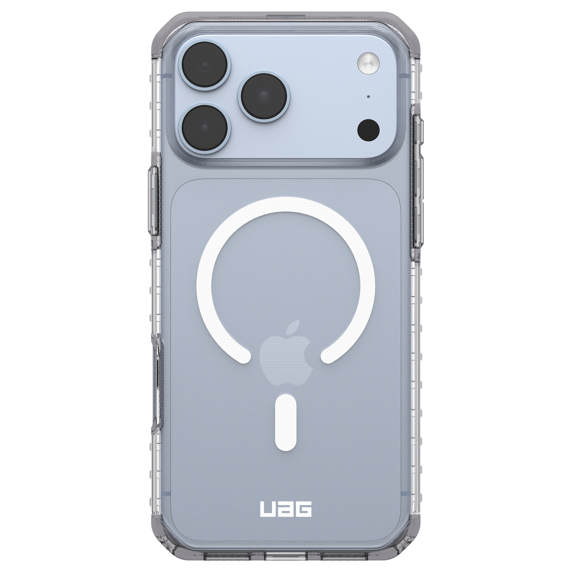 Custodia per iPhone blu con bordi trasparenti, anello MagSafe e tre aperture per fotocamera.