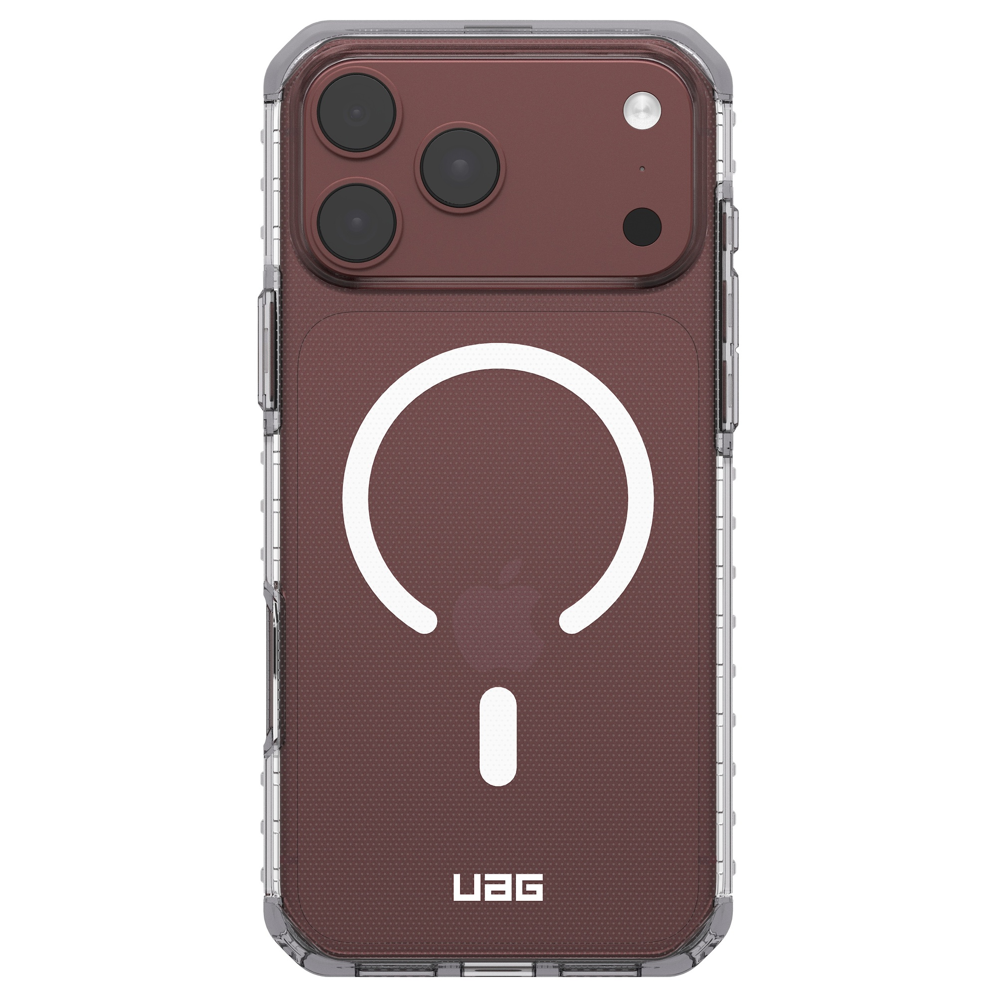 Una custodia bordeaux con bordo trasparente, anello MagSafe, tre obiettivi e logo UAG.