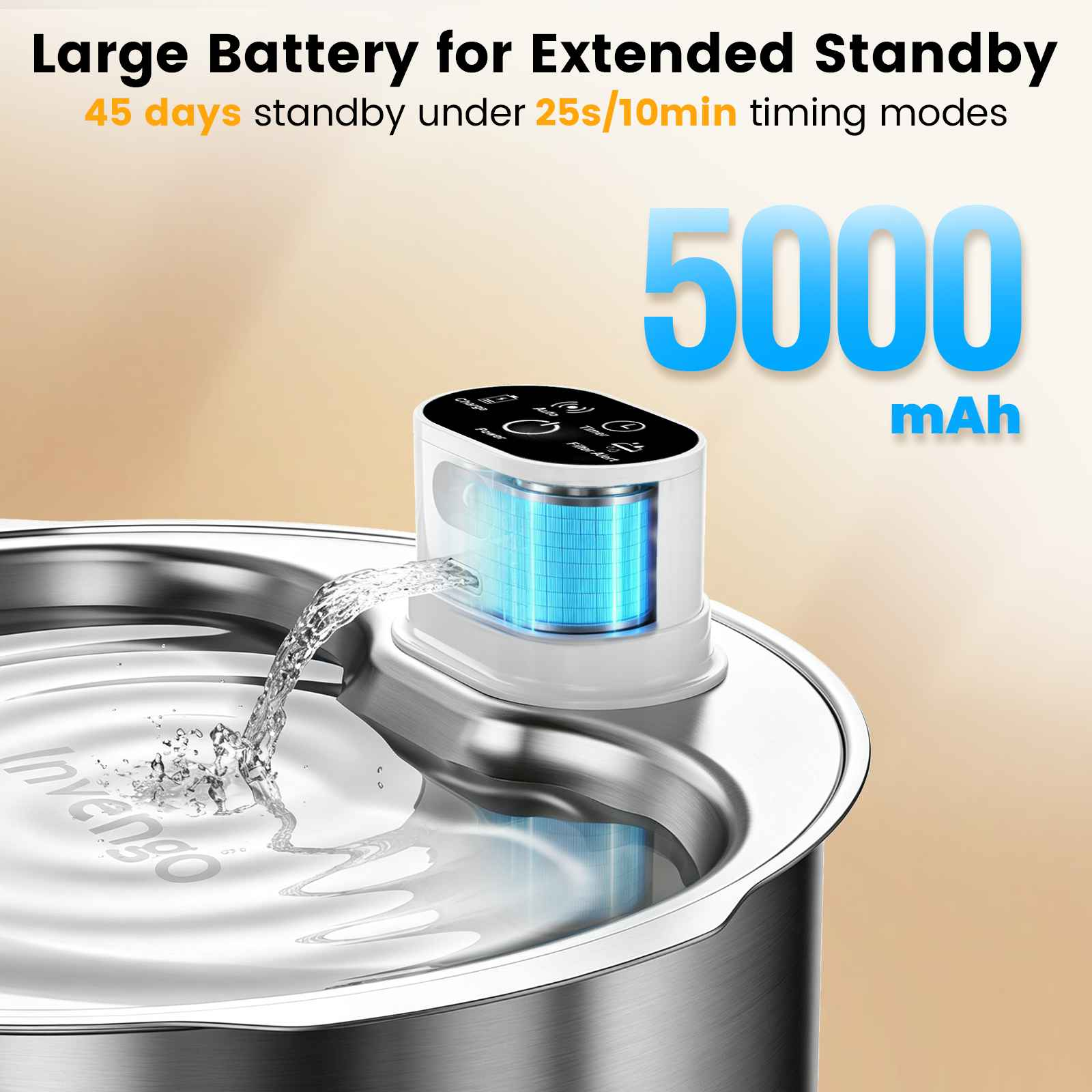 Edelstahl-Haustiertränke mit 5000mAh Akku, fließendem Wasser und Bedienfeld.