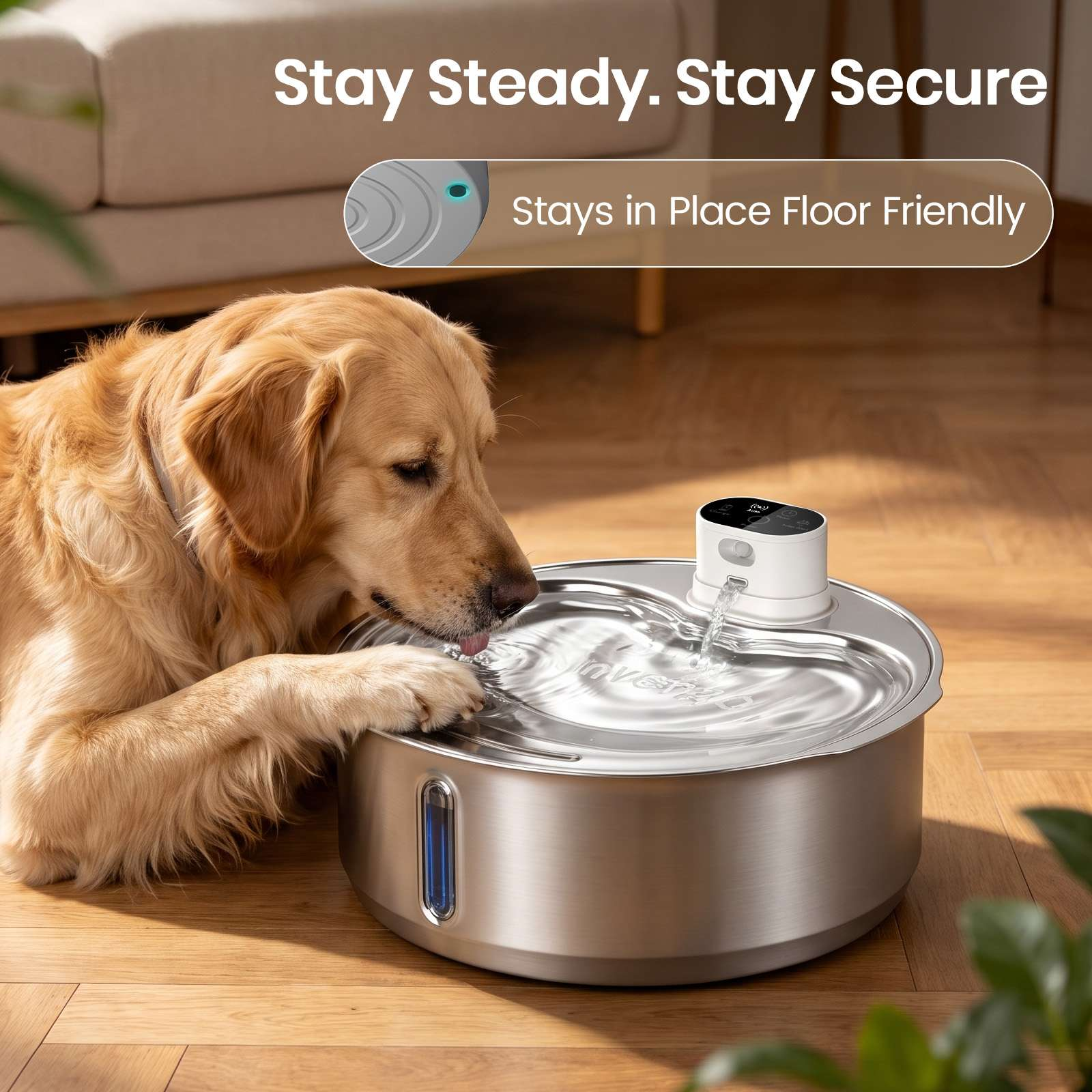 Ein Golden Retriever trinkt aus einem automatischen Edelstahl-Haustierbrunnen auf Holzböden.