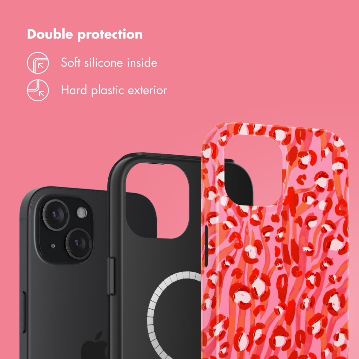 Roze achtergrond, zwarte iPhone, zwart MagSafe hoesje en een roze-rode panterprint hoes ervoor.