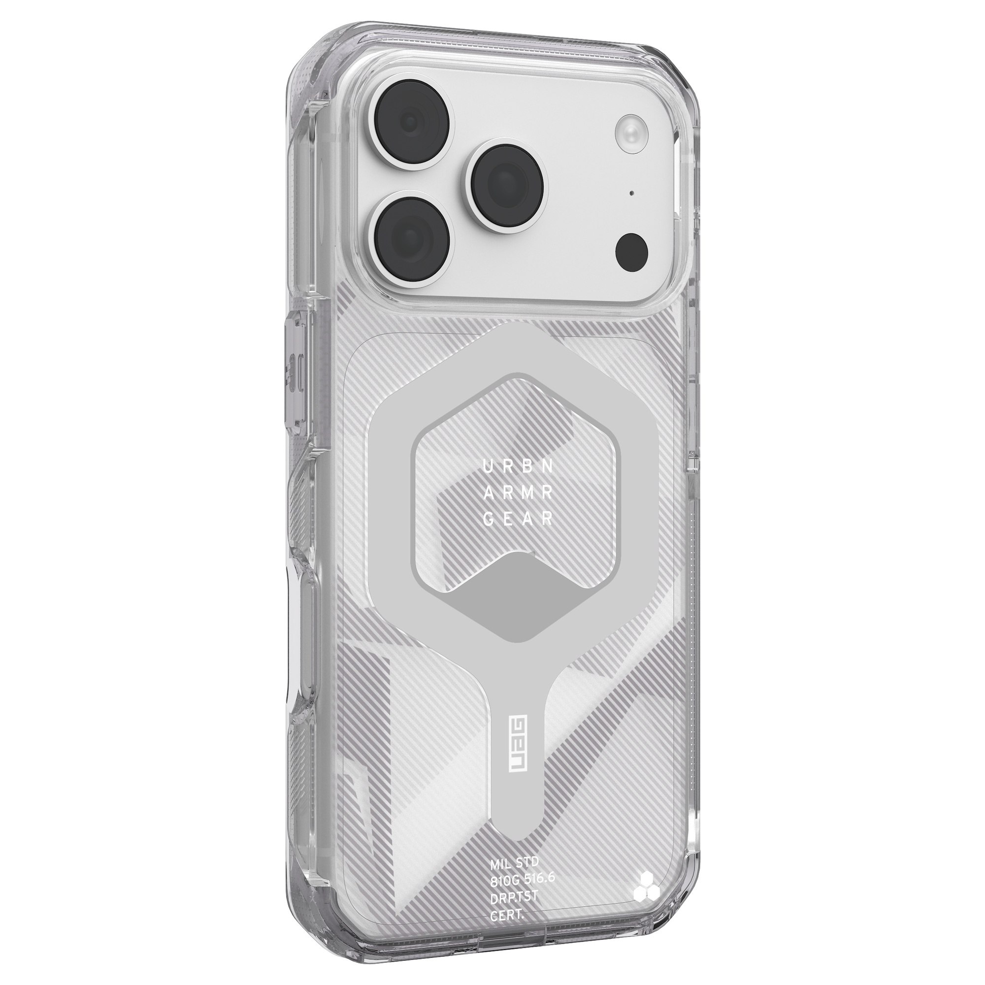 Transparente Schutzhülle für ein Smartphone mit drei Kameralinsen und geometrischem Muster auf der Rückseite.