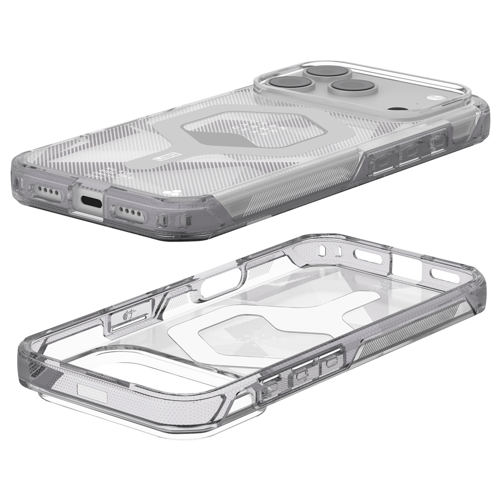 Transparente Handyhülle mit verstärkten Ecken auf weißem Hintergrund, einmal auf dem Telefon und einmal separat.