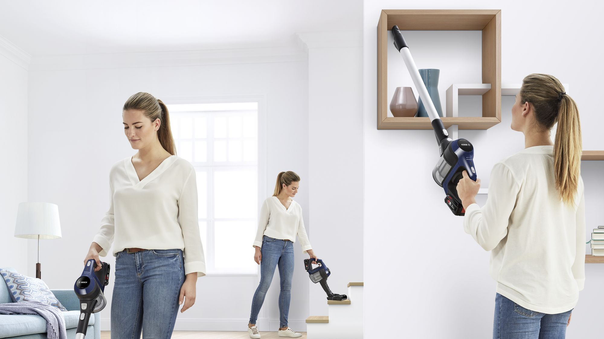 Una mujer con blusa blanca usa una aspiradora sin cable en varios lugares de una casa luminosa.