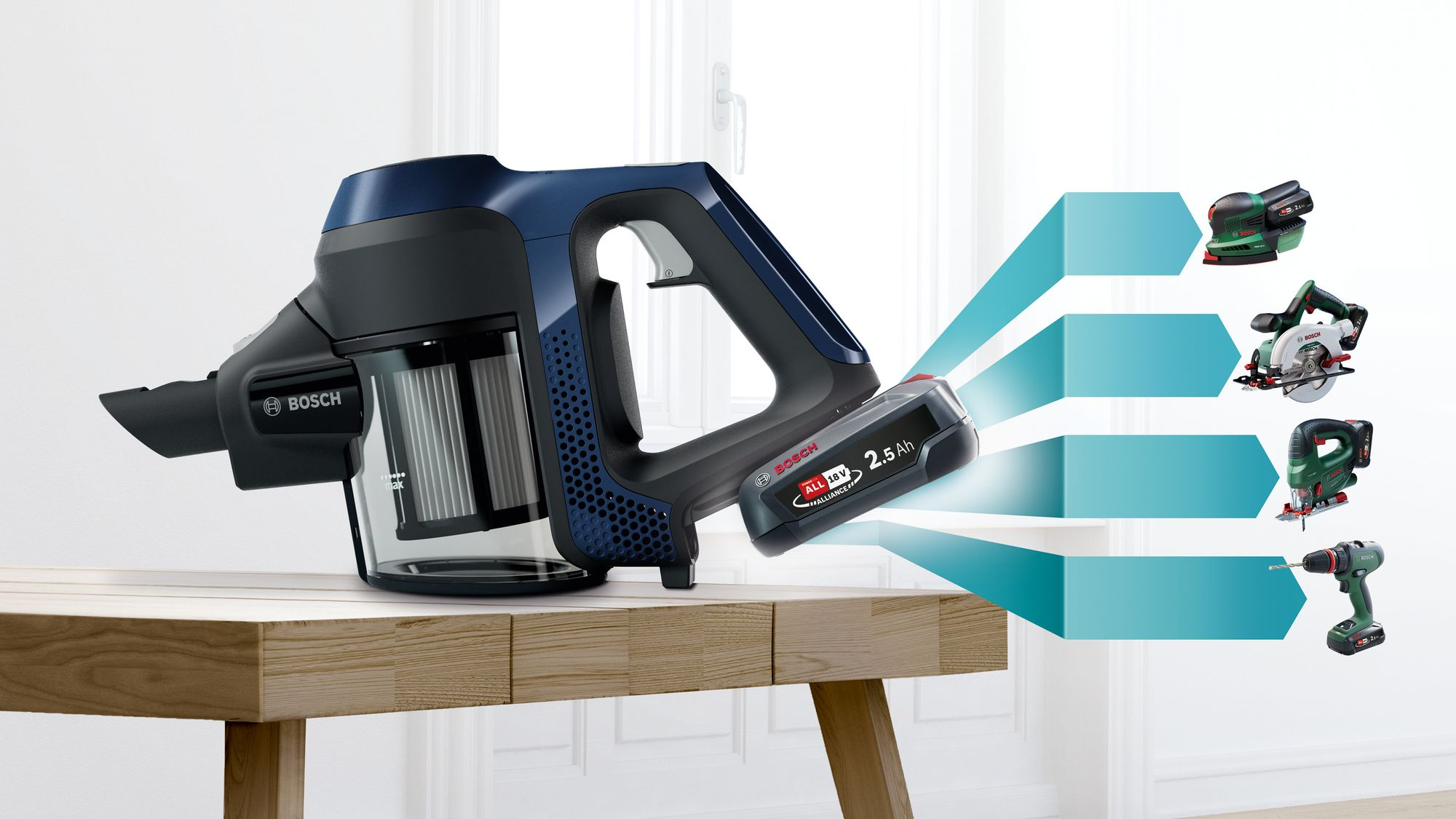 Una aspiradora Bosch azul en una mesa de madera con baterías intercambiables de herramientas a la derecha.
