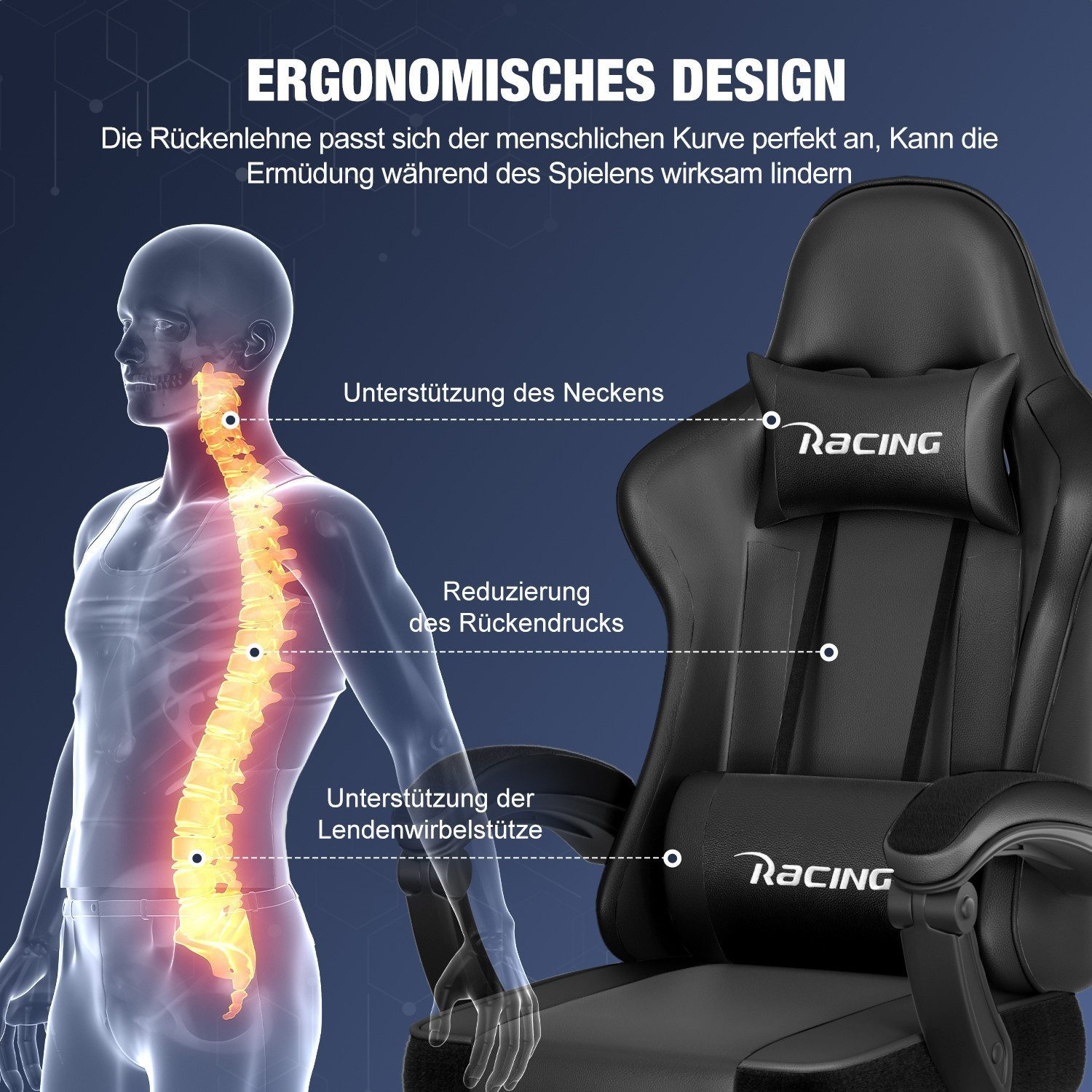Diagramm zeigt die Ergonomie eines Gaming-Stuhls mit Unterstützung für Nacken, Rücken und Lendenwirbel.