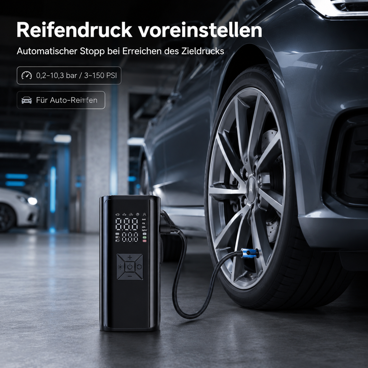Ein tragbarer Kompressor pumpt den Reifen eines grauen Autos in einer modernen Garage auf.