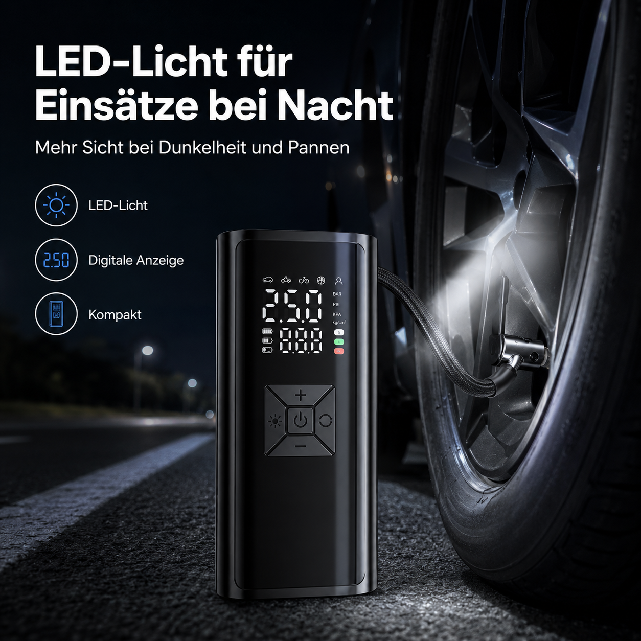 Ein schwarzer tragbarer Kompressor pumpt nachts einen Autoreifen auf, mit deutschem Text und Produktmerkmalen links.