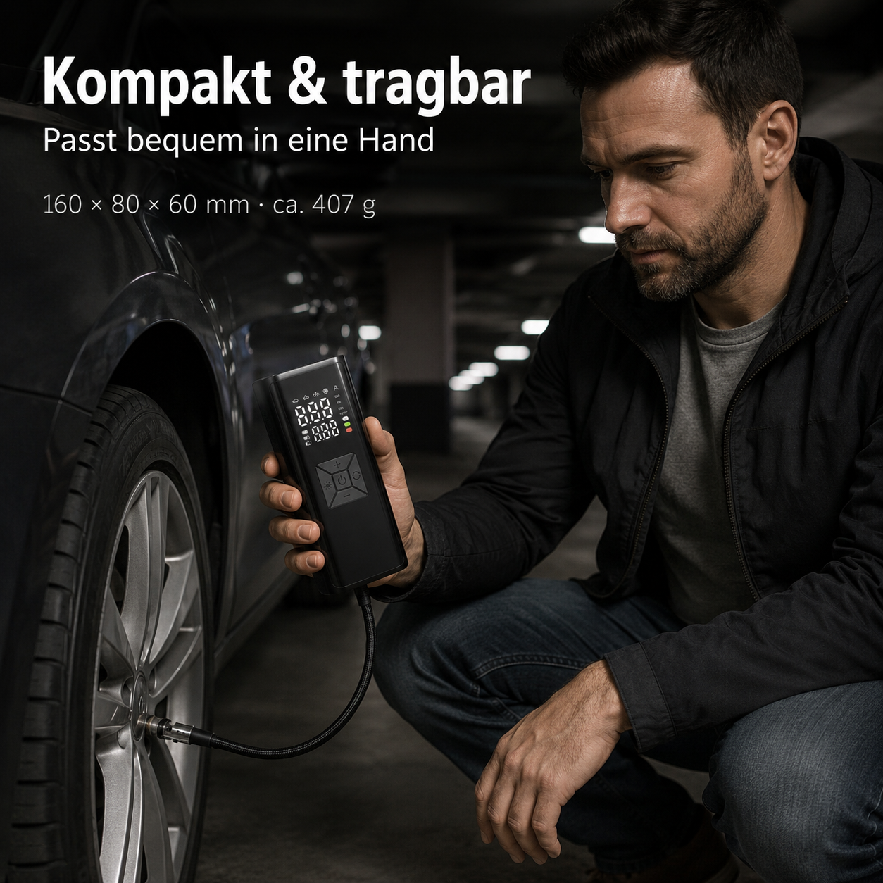 Ein Mann nutzt ein kompaktes, tragbares digitales Luftpumpengerät, um einen Autoreifen in einer Tiefgarage aufzupumpen.