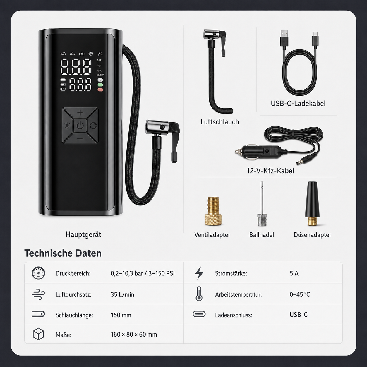 Tragbarer schwarzer Luftkompressor mit Display, Schläuchen, Kabeln und Aufsätzen sowie technischen Daten.