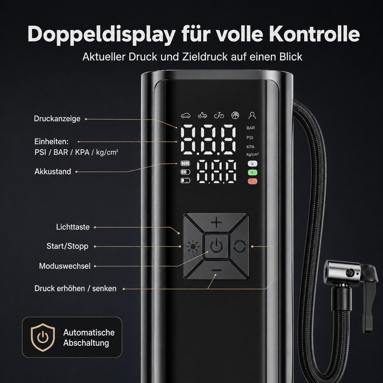Ein schwarzer mobiler Kompressor mit Digitaldisplay, Bedientasten und Schlauch mit Düse vor dunklem Hintergrund.
