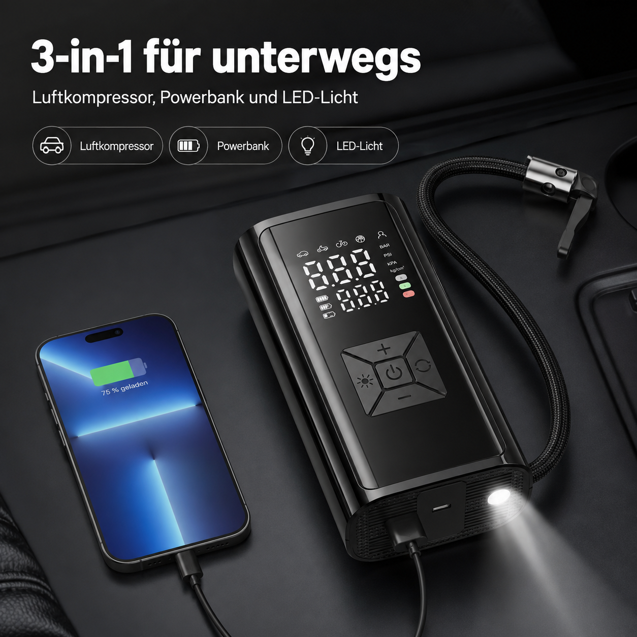Ein tragbarer Luftkompressor lädt ein Smartphone auf und bietet eine LED-Beleuchtung.