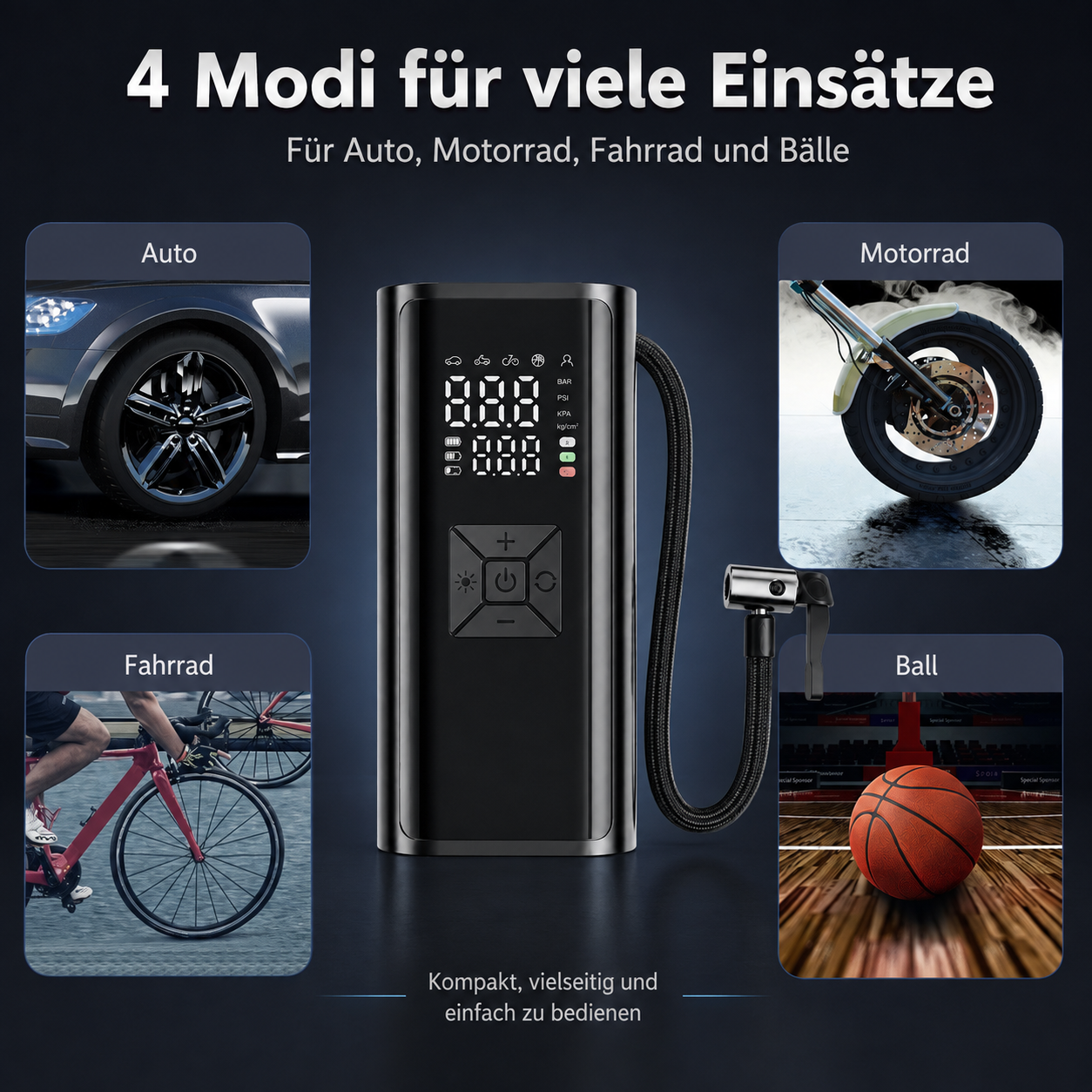 Tragbare elektrische Luftpumpe mit vier Modi für Auto, Motorrad, Fahrrad und Bälle.