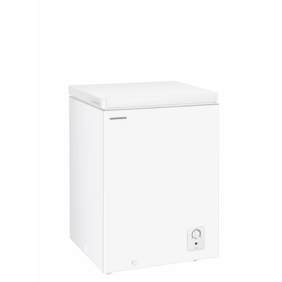 Un coffre congélateur Heinner blanc sur fond blanc avec un bouton de température.