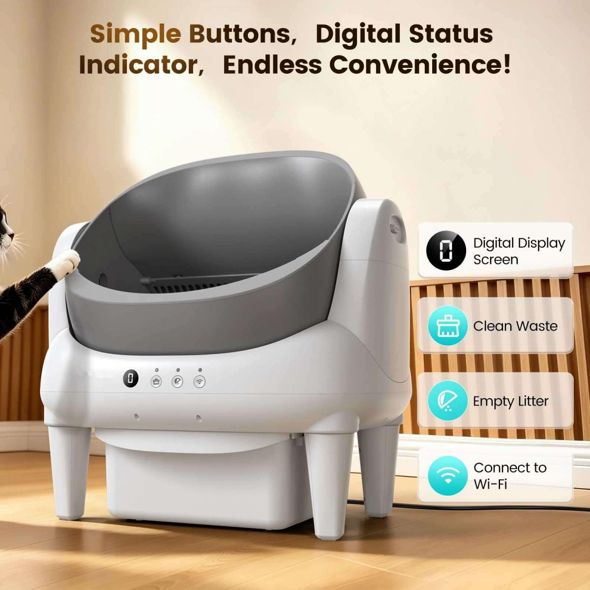 Eine moderne, weiß-graue automatische Katzentoilette mit digitalen Tasten auf einem Holzboden.