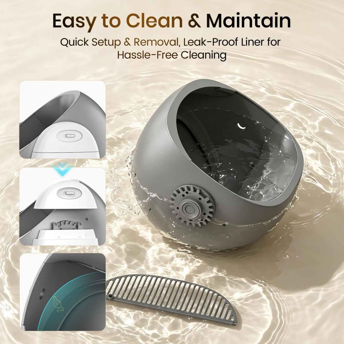 Grauer, runder Katzentoiletten-Einsatz mit abnehmbaren Teilen und dem Text Easy to Clean & Maintain.