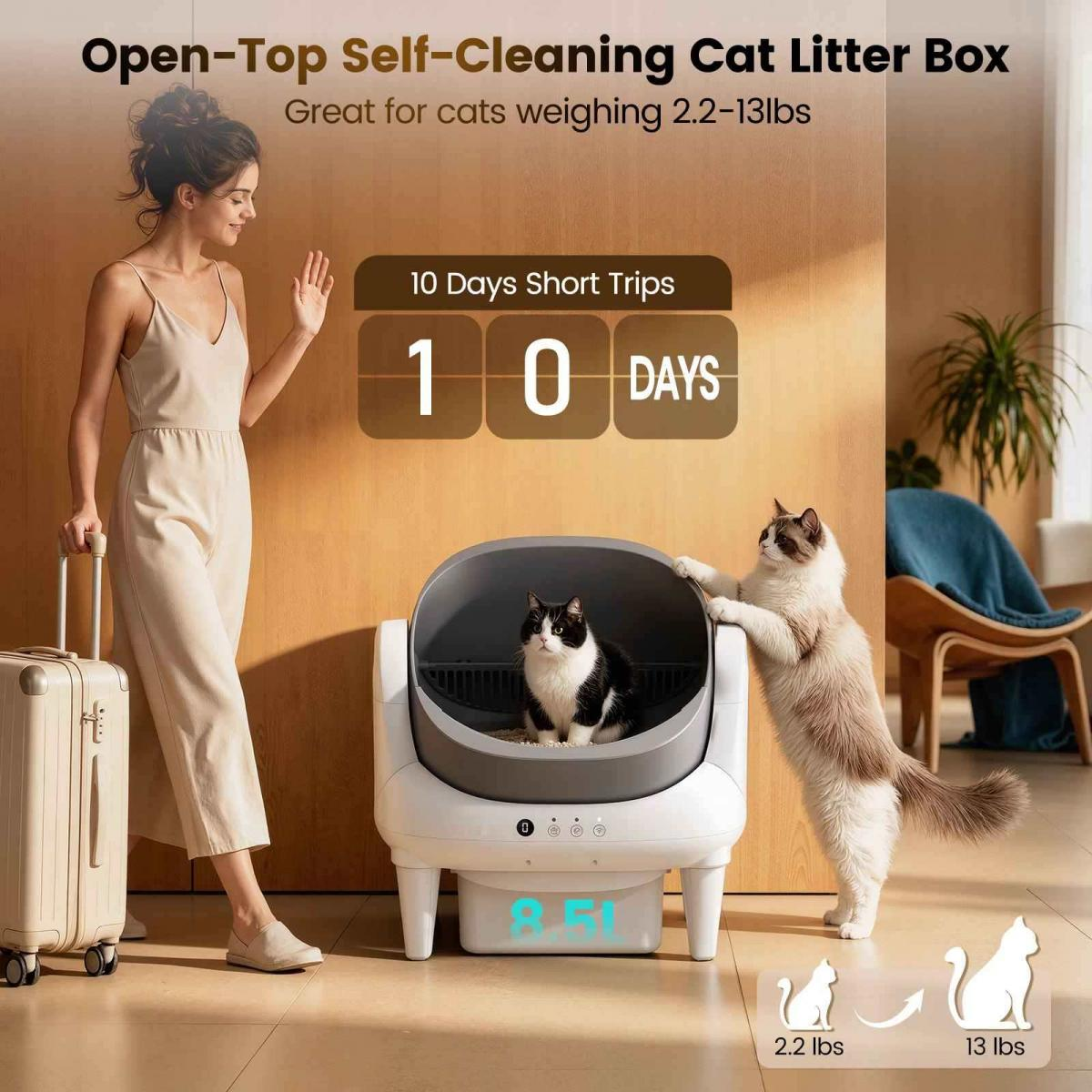 Eine Frau mit Gepäck steht neben einer offenen, selbstreinigenden Katzentoilette mit zwei Katzen.
