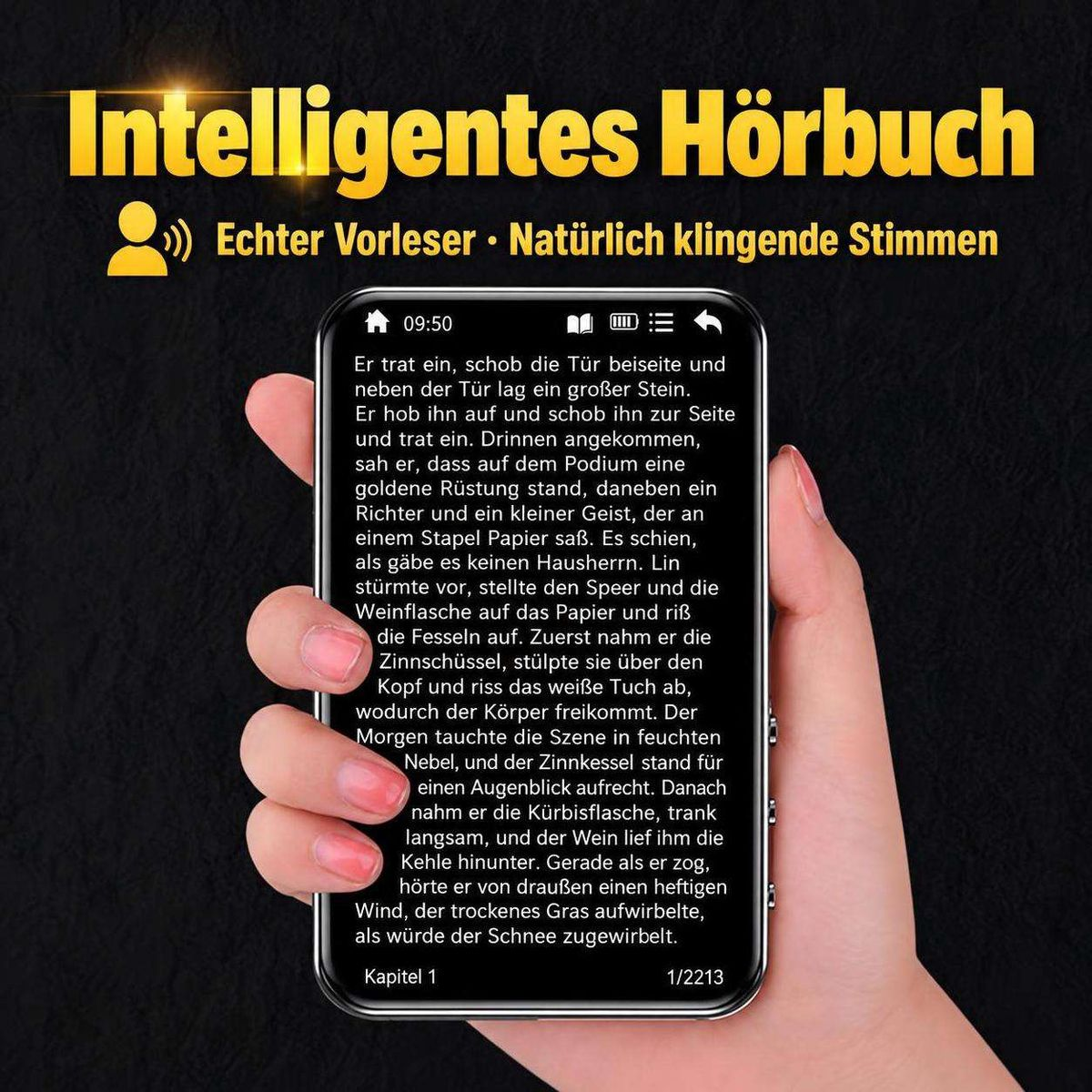 Eine Hand hält ein Smartphone mit deutschem Text aus einem Hörbuch vor dunklem Hintergrund mit Werbetext.