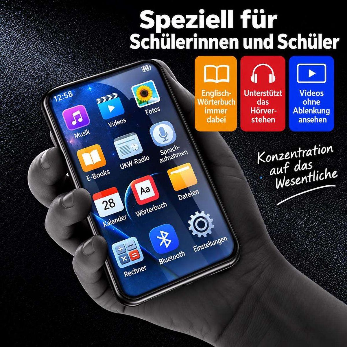 Ein Smartphone in einer Hand zeigt Bildschirmsymbole für Lern- und Schulfunktionen.