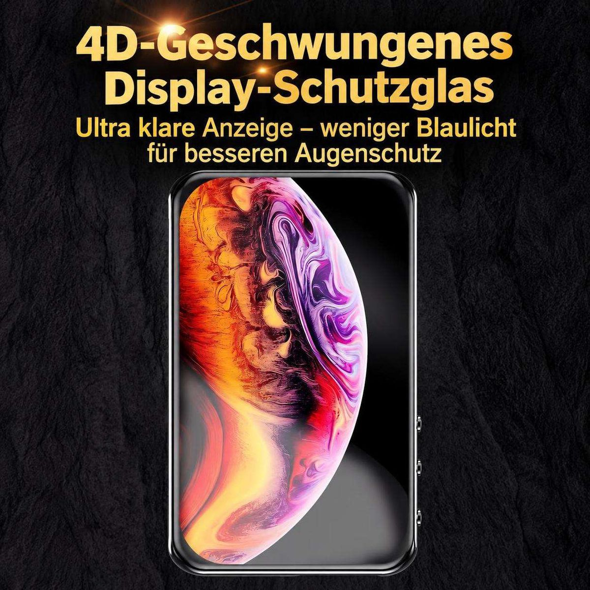 Smartphone mit gebogenem Schutzglas und deutscher Werbeinschrift auf dunkelgrauem Hintergrund.