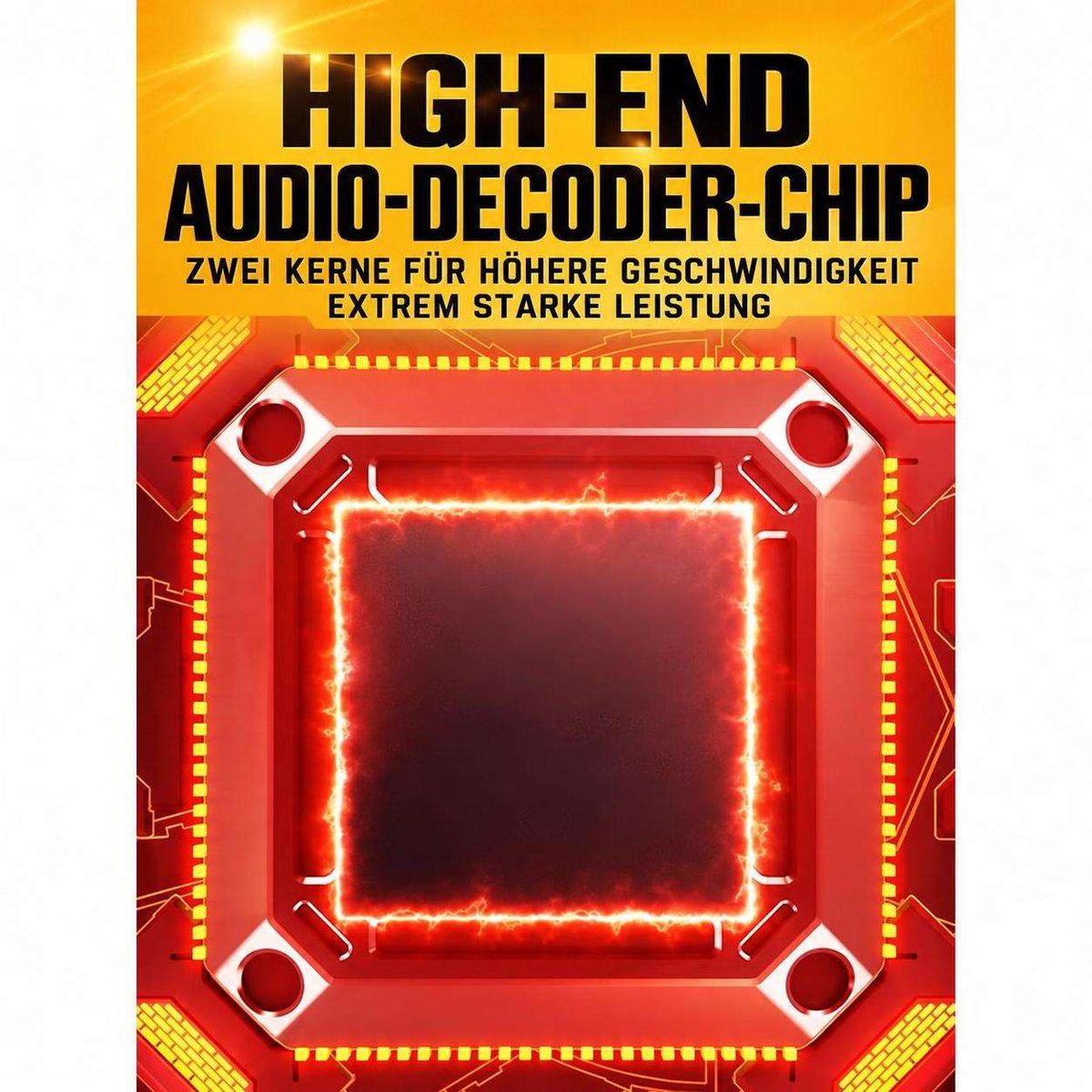 Ein High-End-Audio-Decoder-Chip mit rotem Hintergrund, glühenden Rändern und deutscher Textbeschriftung.