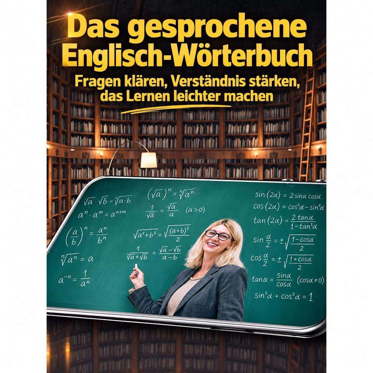 Eine Frau vor einer Tafel voller Formeln in einer Bibliothek, mit Text oben auf dem Bild.