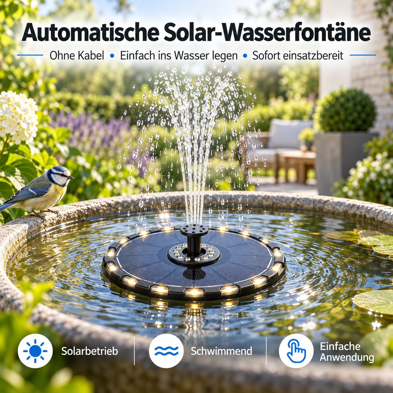 Eine Solar-Wasserfontäne schwimmt in einem runden Steinbecken, während ein blauer Vogel am Rand sitzt.