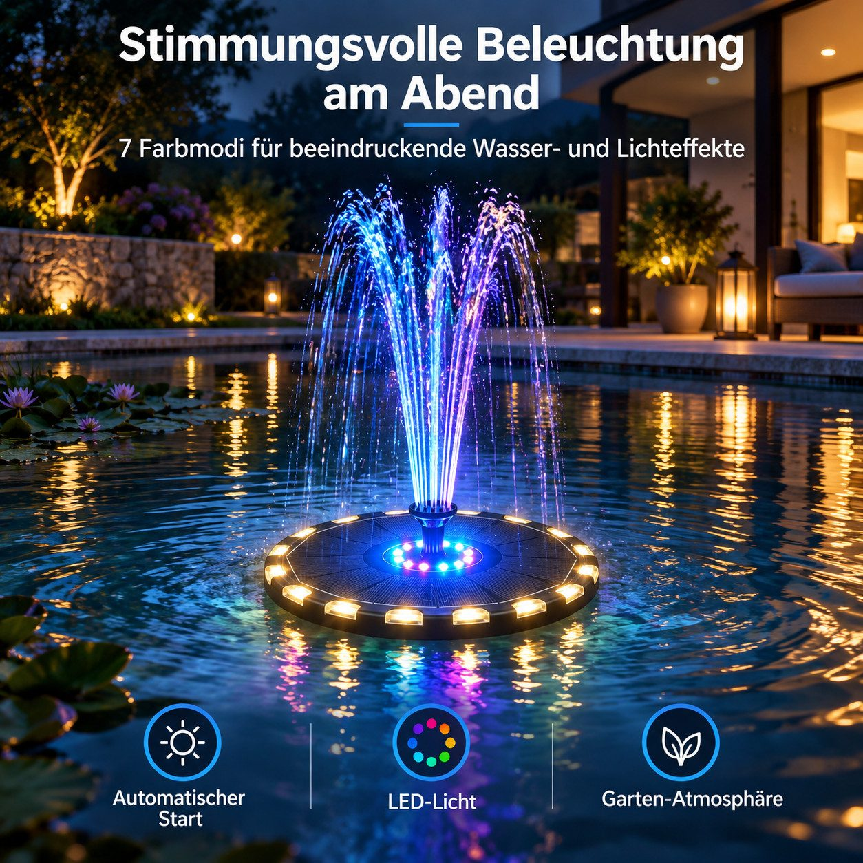 Solar-Brunnen leuchtet nachts mit bunten LEDs in einem Pool vor einem modernen Haus.