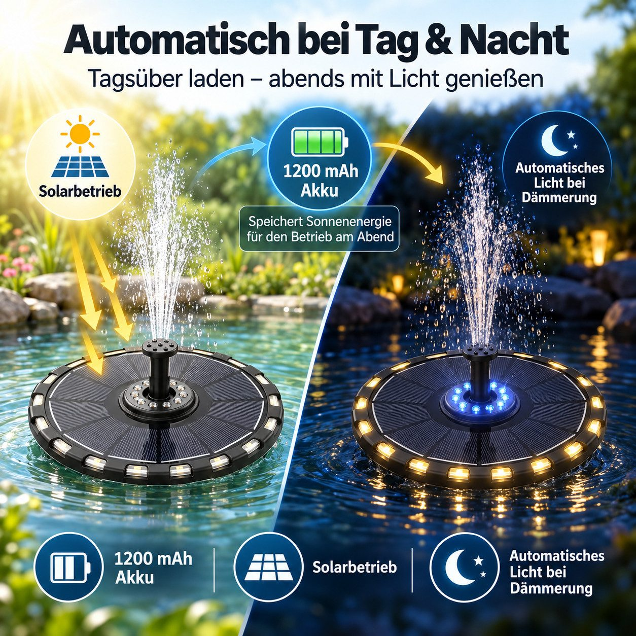 Solarbetriebener Brunnen, der tagsüber lädt und nachts leuchtet.
