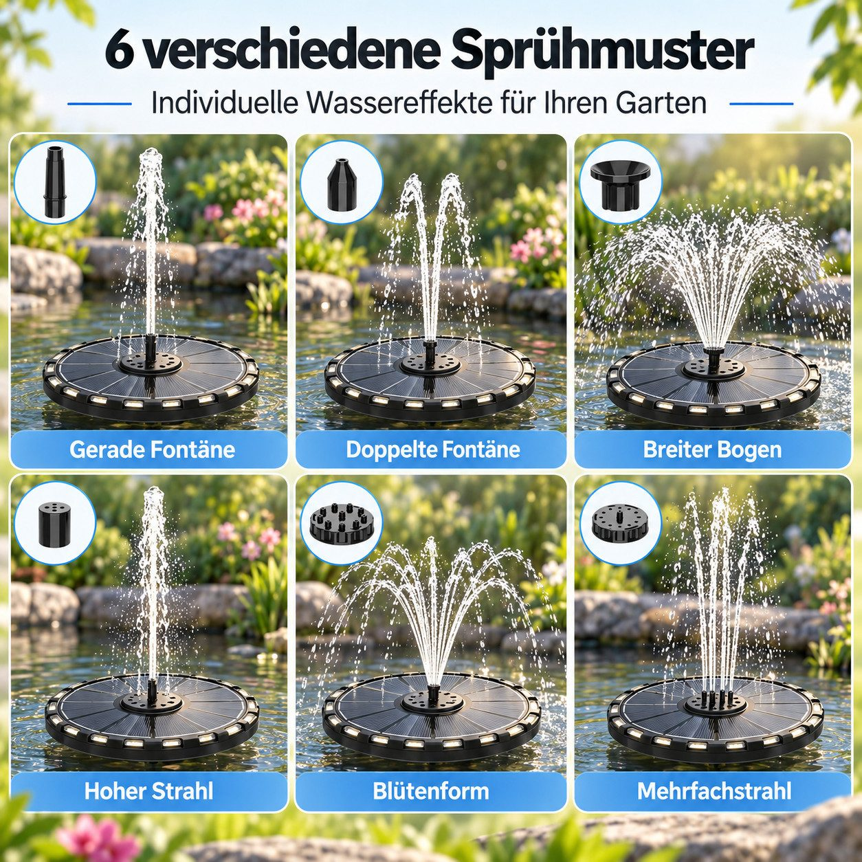 Sechs verschiedene Sprühmuster einer solarbetriebenen Gartenfontäne in einem Teich.