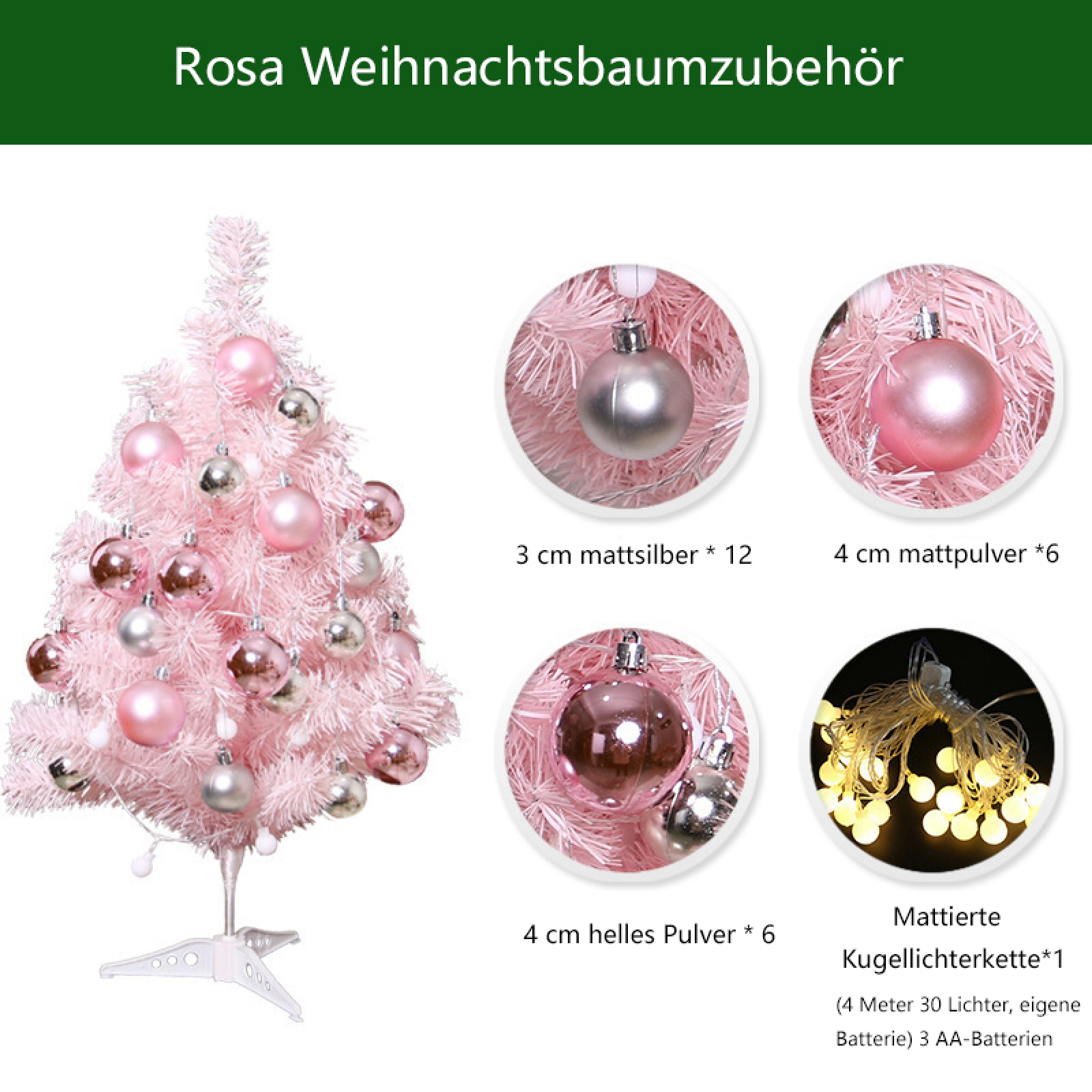 Kleiner rosa Weihnachtsbaum mit silbernen und rosa Kugeln sowie einer Lichterkette.