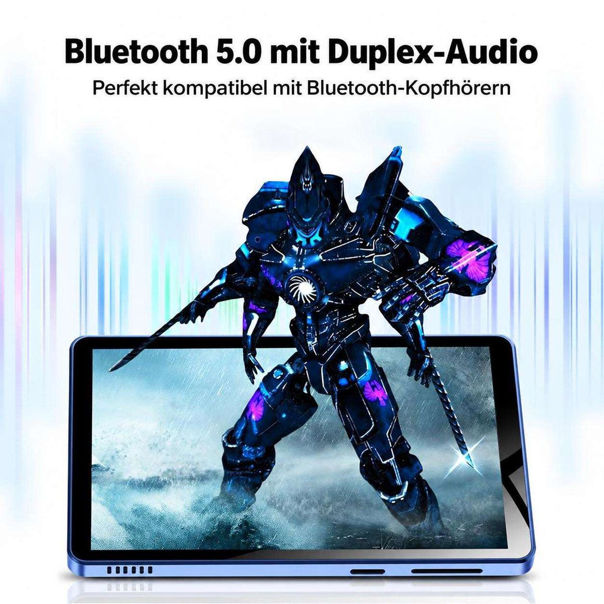 Ein futuristischer blauer Roboter steht auf einem Tablet-Bildschirm und wirbt für Bluetooth 5.0.