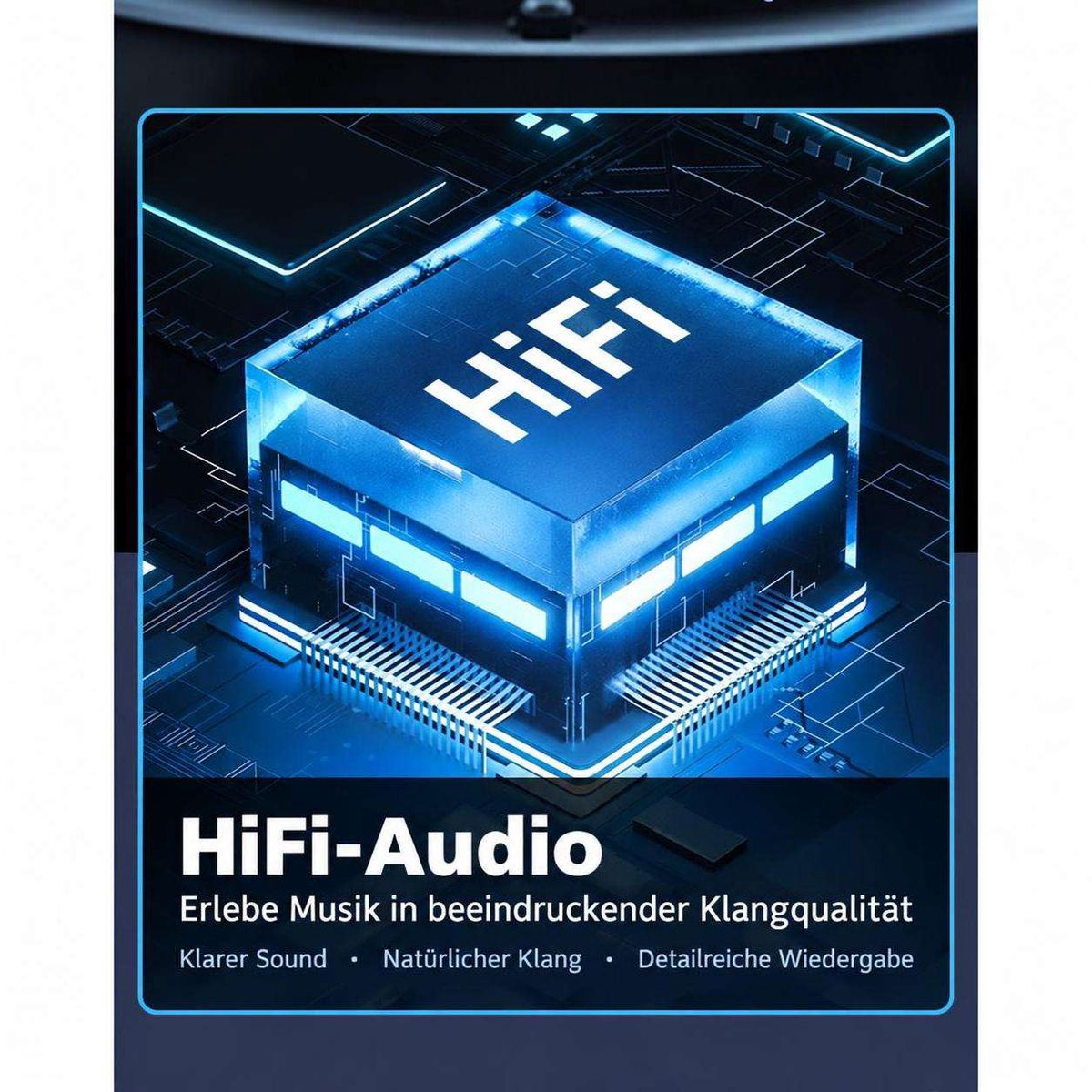 Blaue Grafik mit einem beleuchteten HiFi-Chip auf einer Platine und deutschem Werbetext.