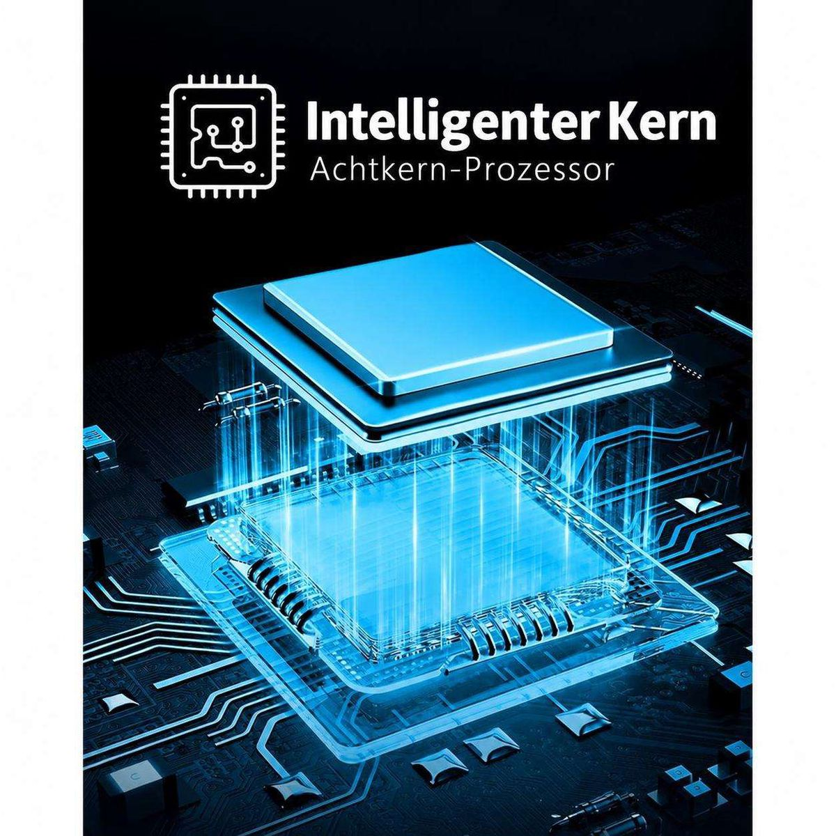 Blaue Grafik eines Computerchips mit elektrischen Lichtstrahlen.