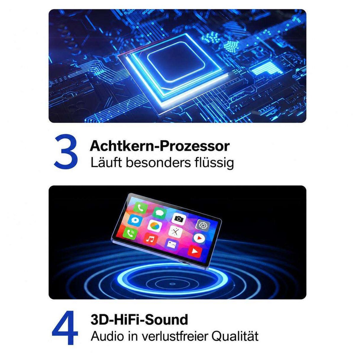 Grafik zeigt einen blauen Prozessor und ein Smartphone mit bunten Icons auf dem Display.