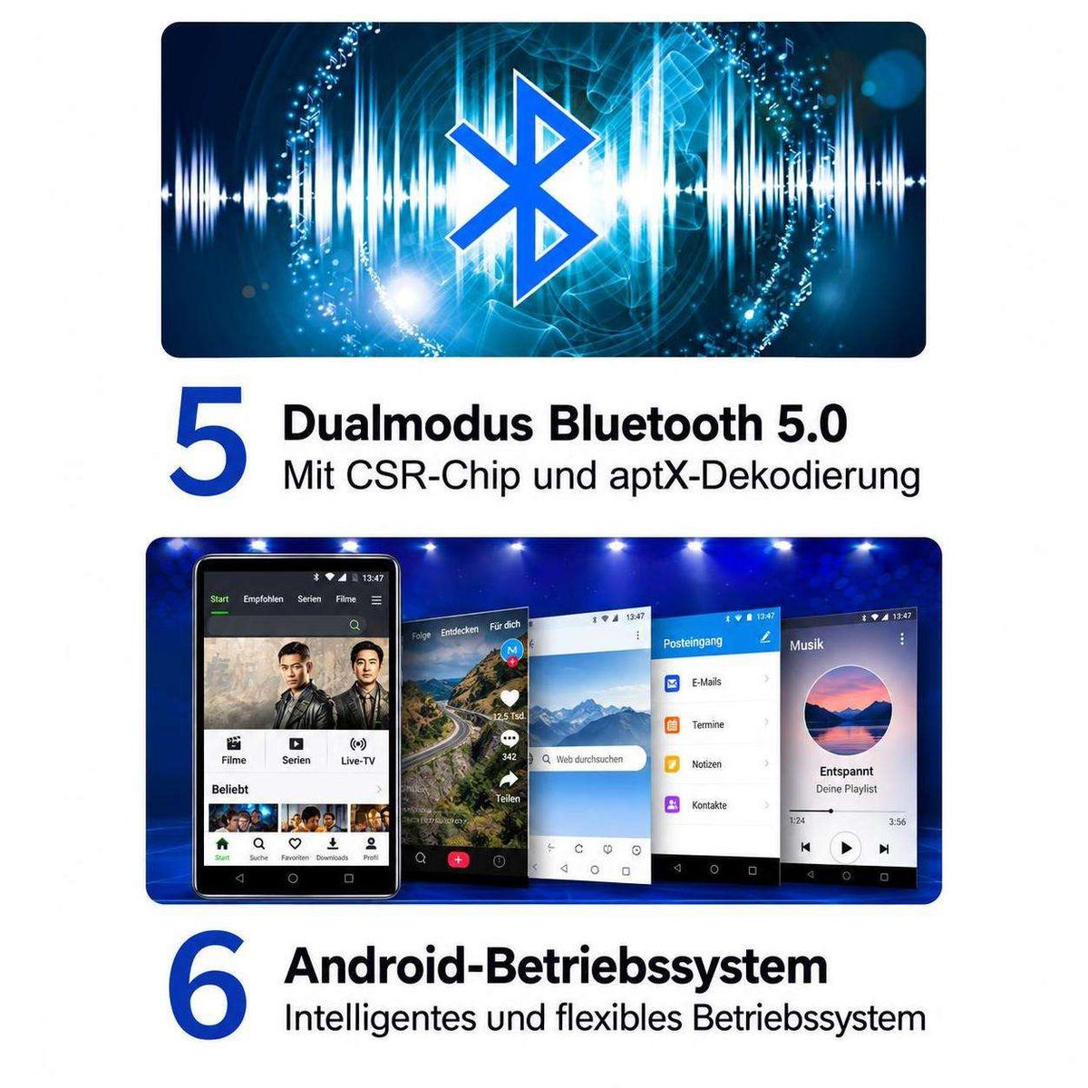Bluetooth 5.0 und Android-Betriebssystem Icons und Text auf blauem Hintergrund.