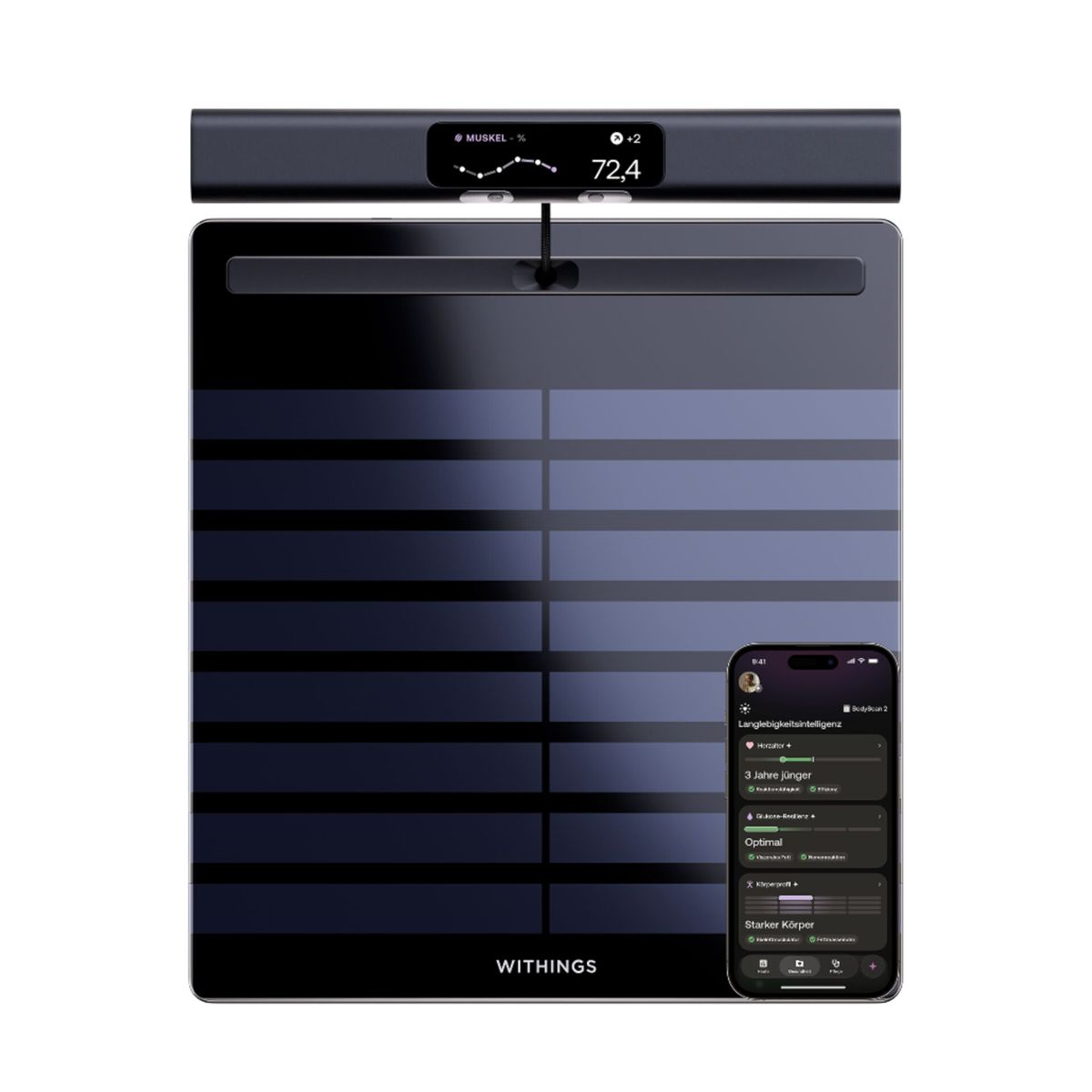Withings Waage mit Griff, Display und Smartphone mit Gesundheits-App.