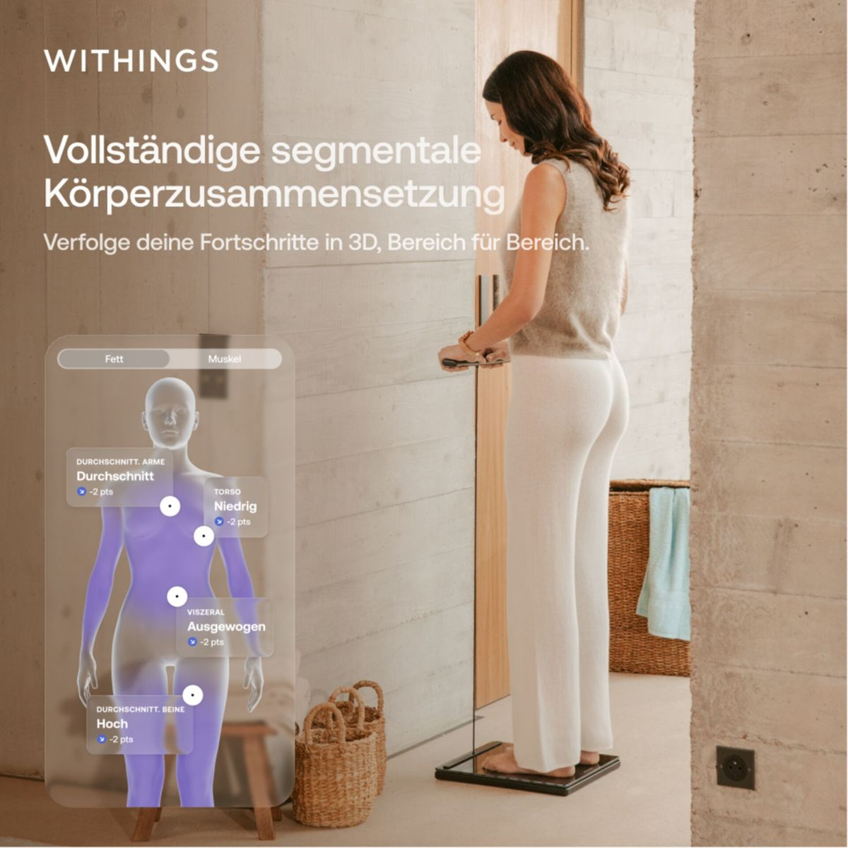 Frau steht auf Withings-Waage, während eine App ihre 3D-Körperzusammensetzung anzeigt.