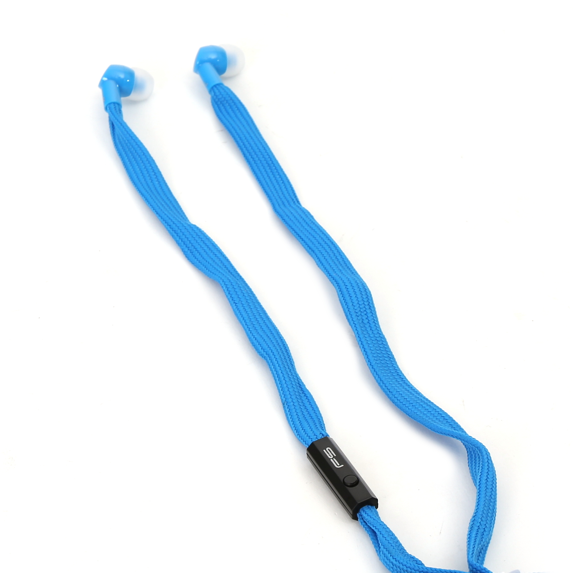 Blaue In-Ear-Kopfhörer mit flachem, gewebtem Kabel und einer kleinen schwarzen Bedieneinheit auf weißem Grund.