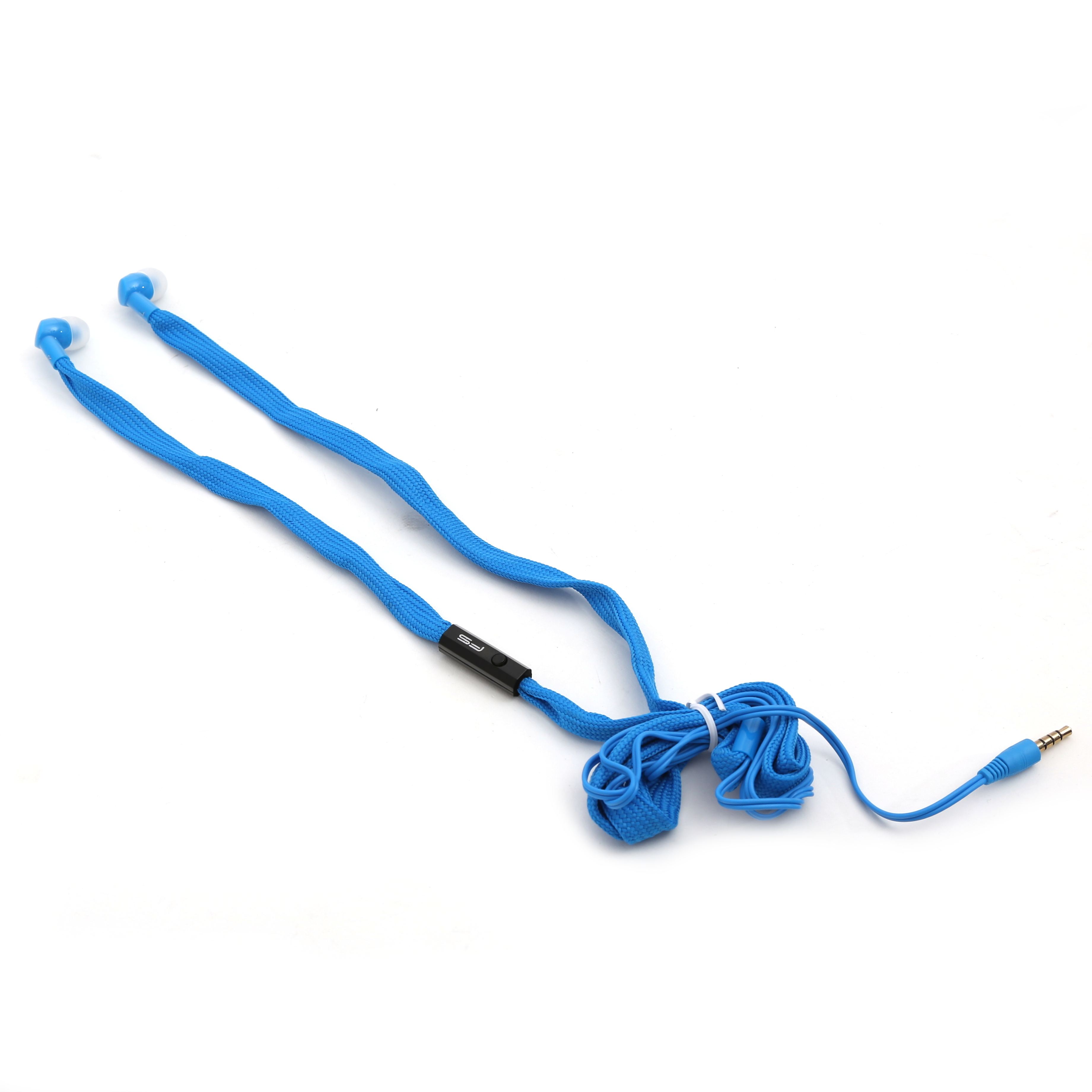 Blaue In-Ear-Kopfhörer mit flachem Kabel und 3,5-mm-Klinkenstecker auf weißem Hintergrund.