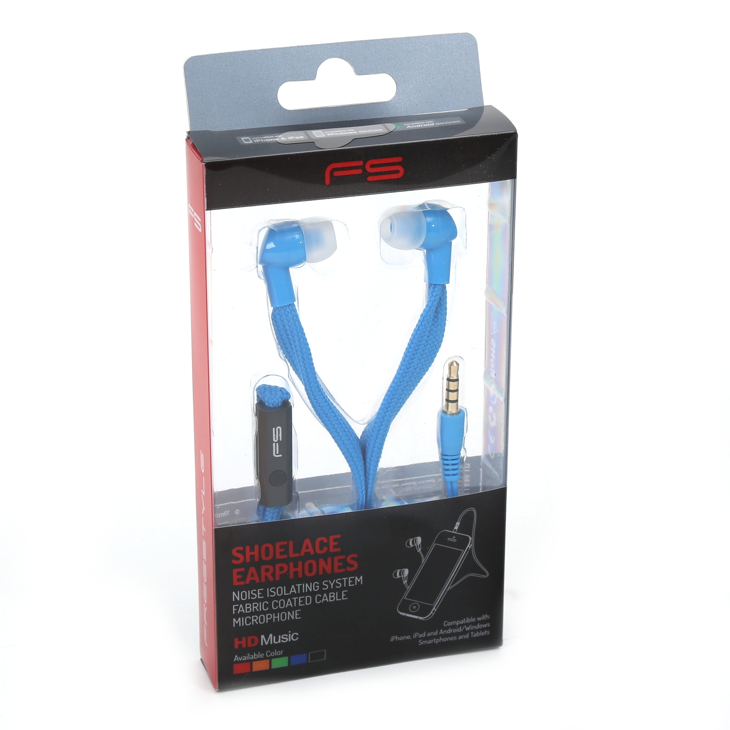 Blaue Stoffkabel-Kopfhörer mit Mikrofon und Klinkenstecker in schwarzer und roter Verpackung.